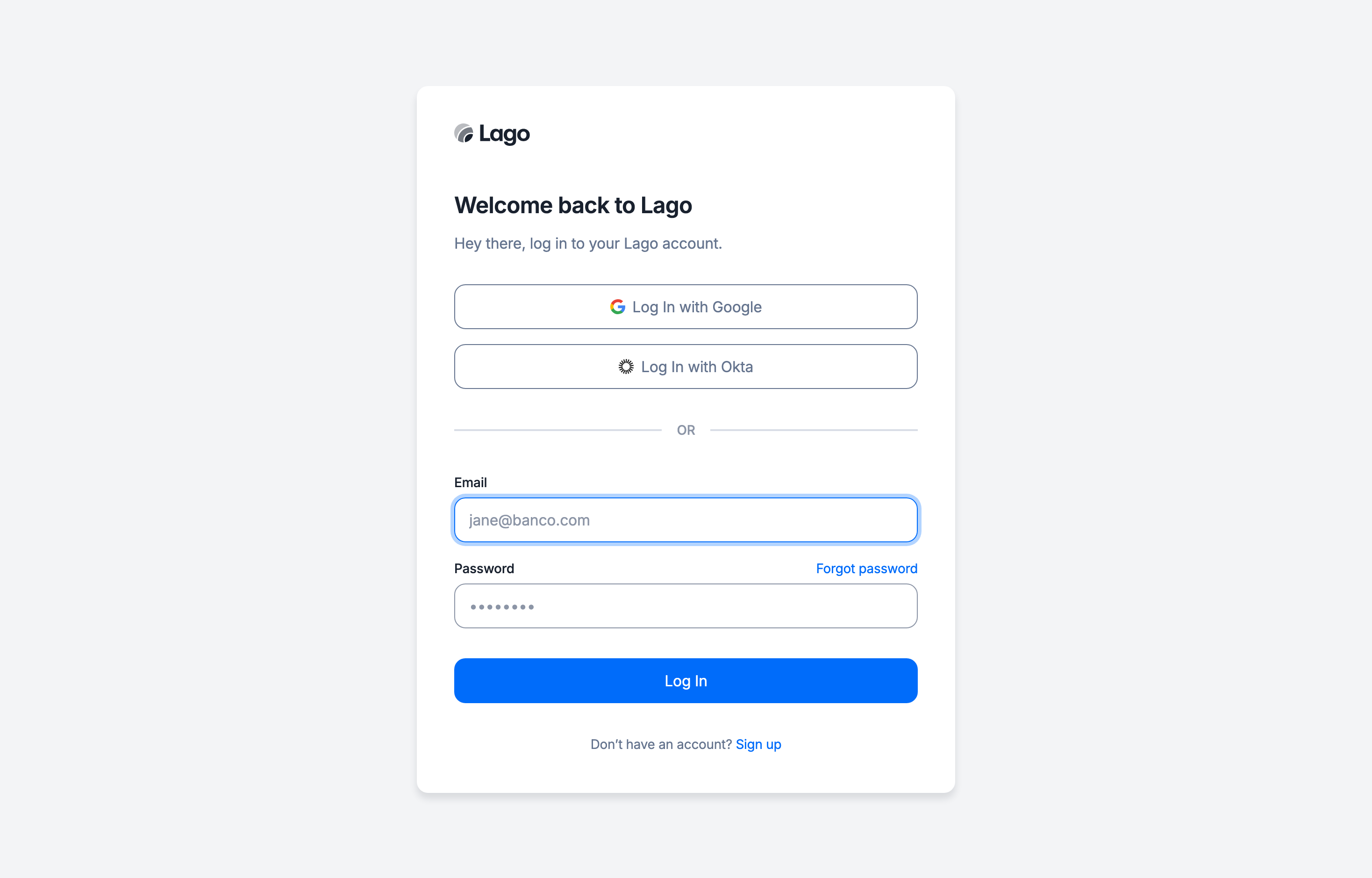 The deployed Lago web UI loaded in a browser