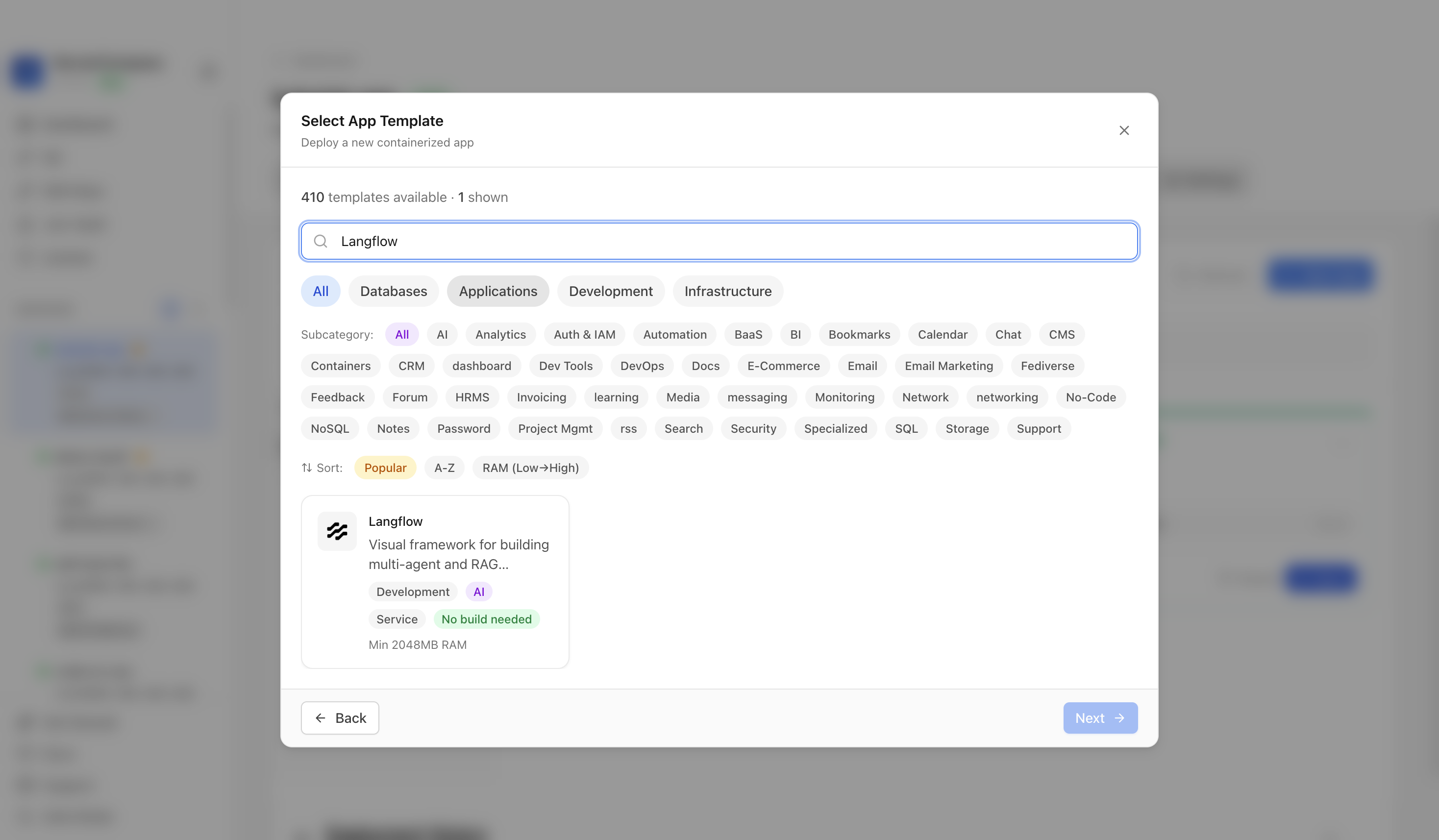 Searching for Langflow in the Server Compass template picker