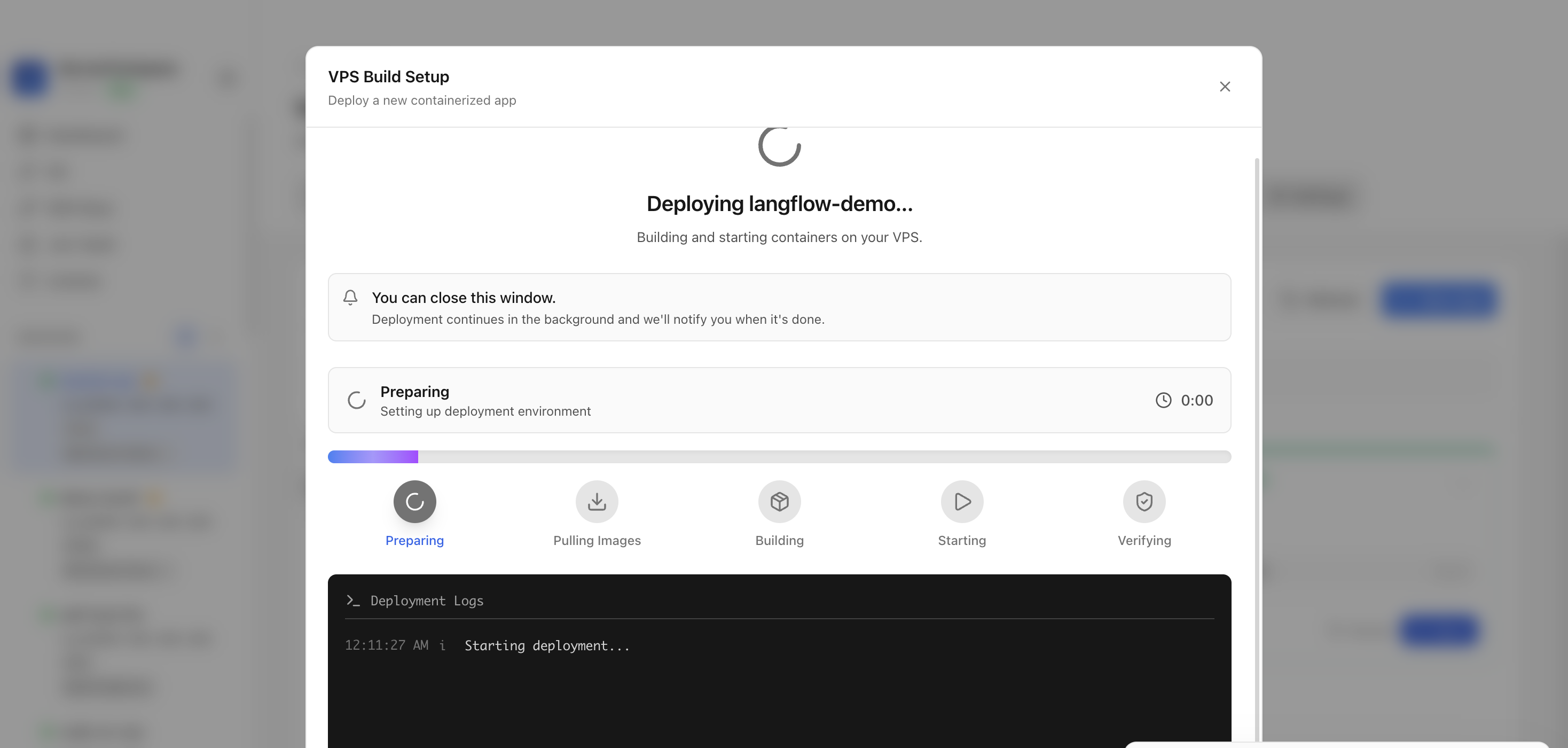 Server Compass deploying the Langflow template on the VPS
