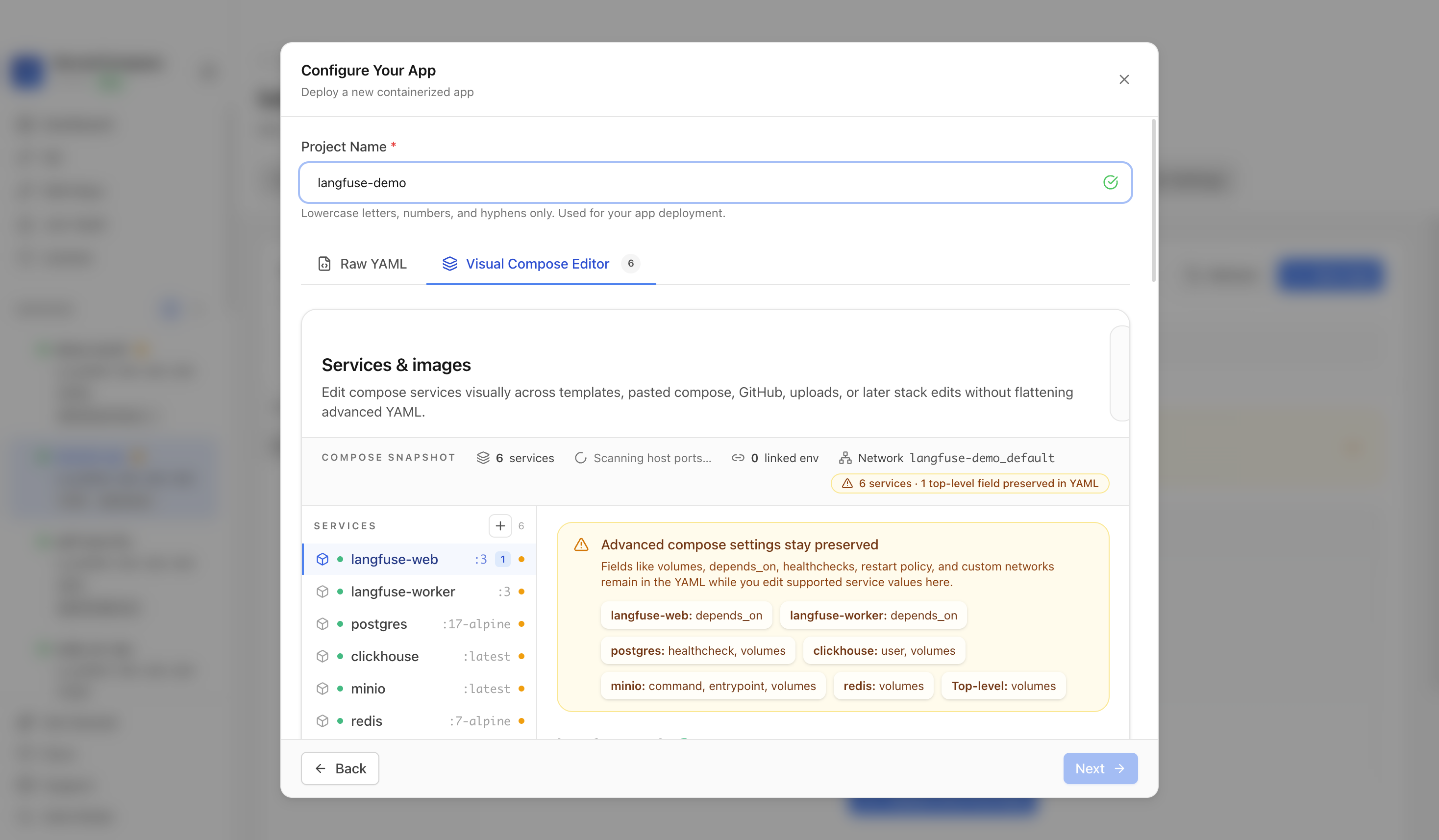 Reviewing Langfuse project settings and compose services