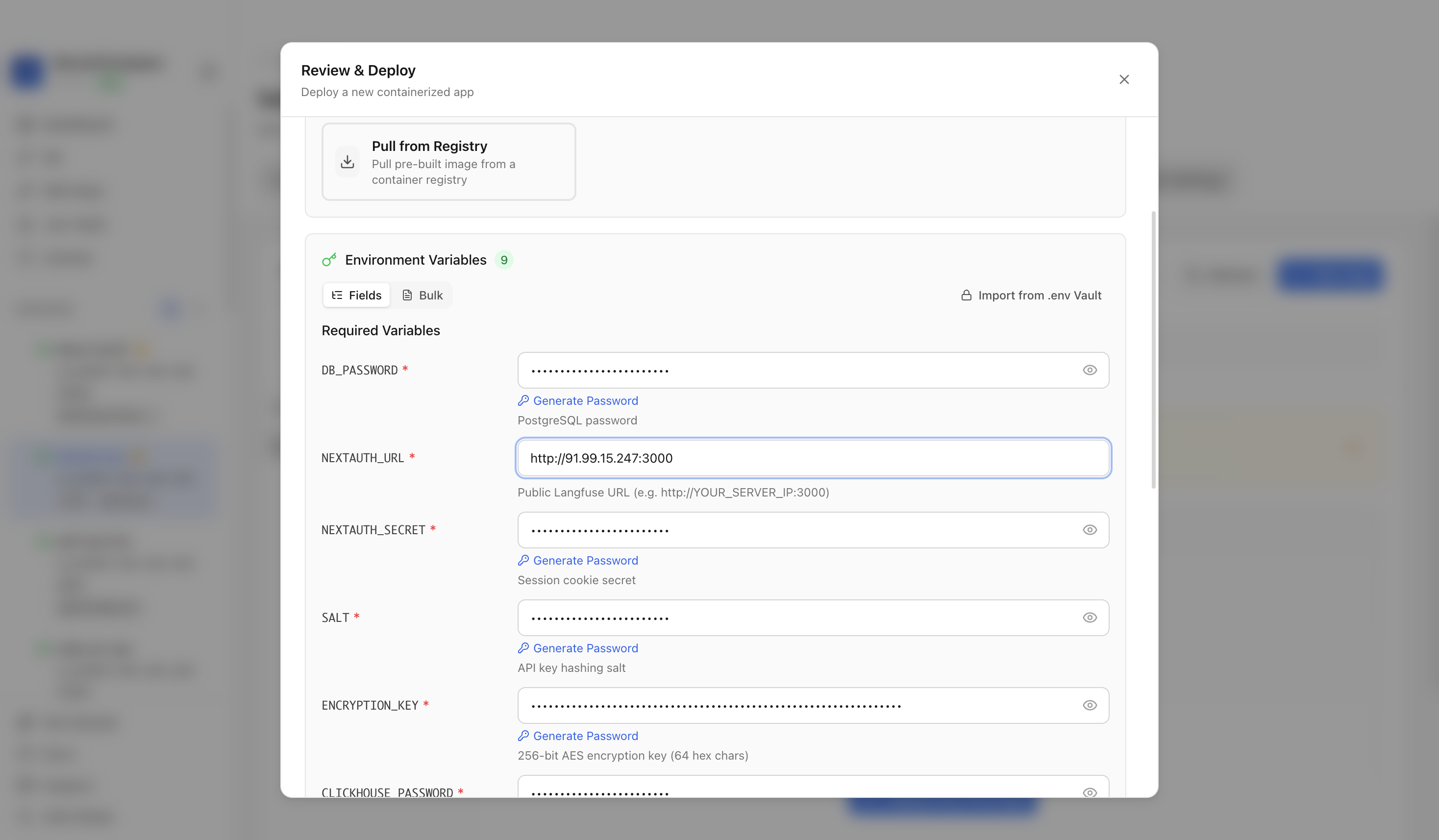 Reviewing Langfuse environment variables and port before deployment