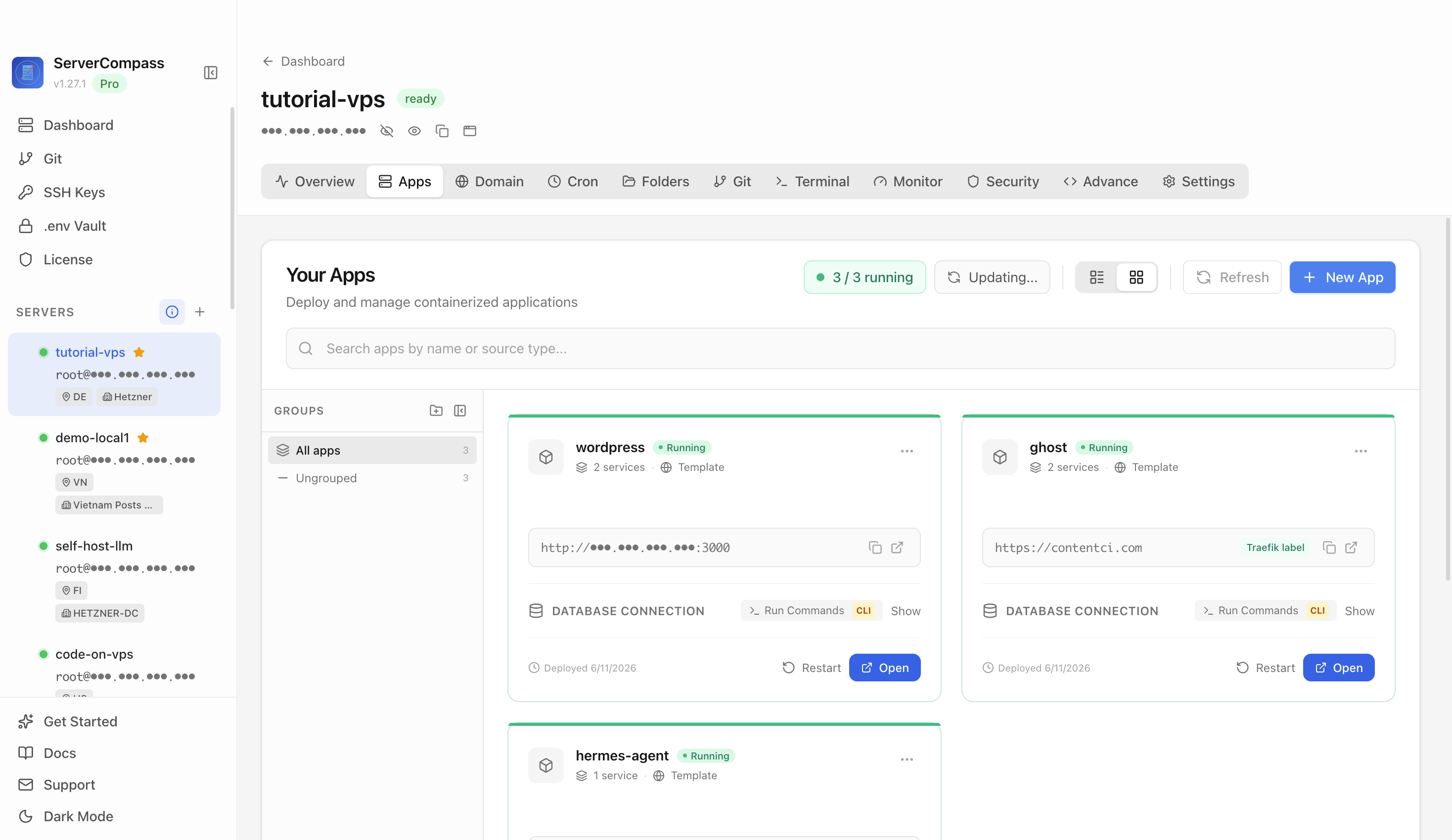 Server Compass Apps tab before creating a Leantime app