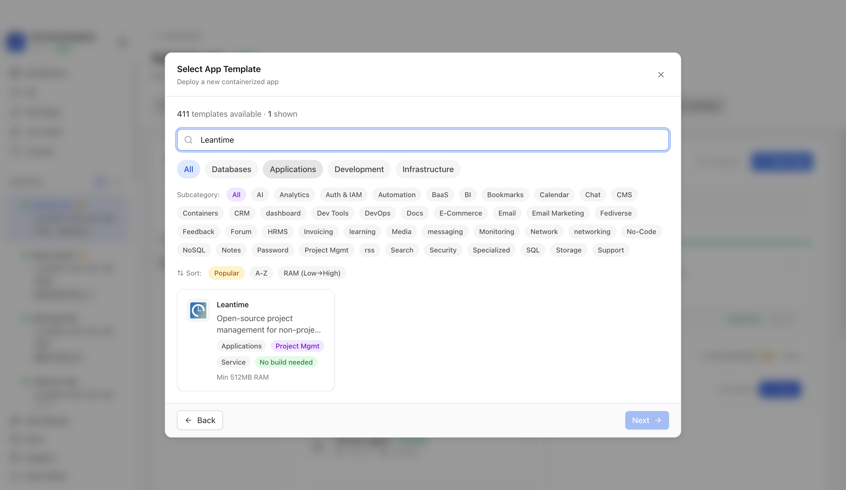 Searching for Leantime in the Server Compass template picker