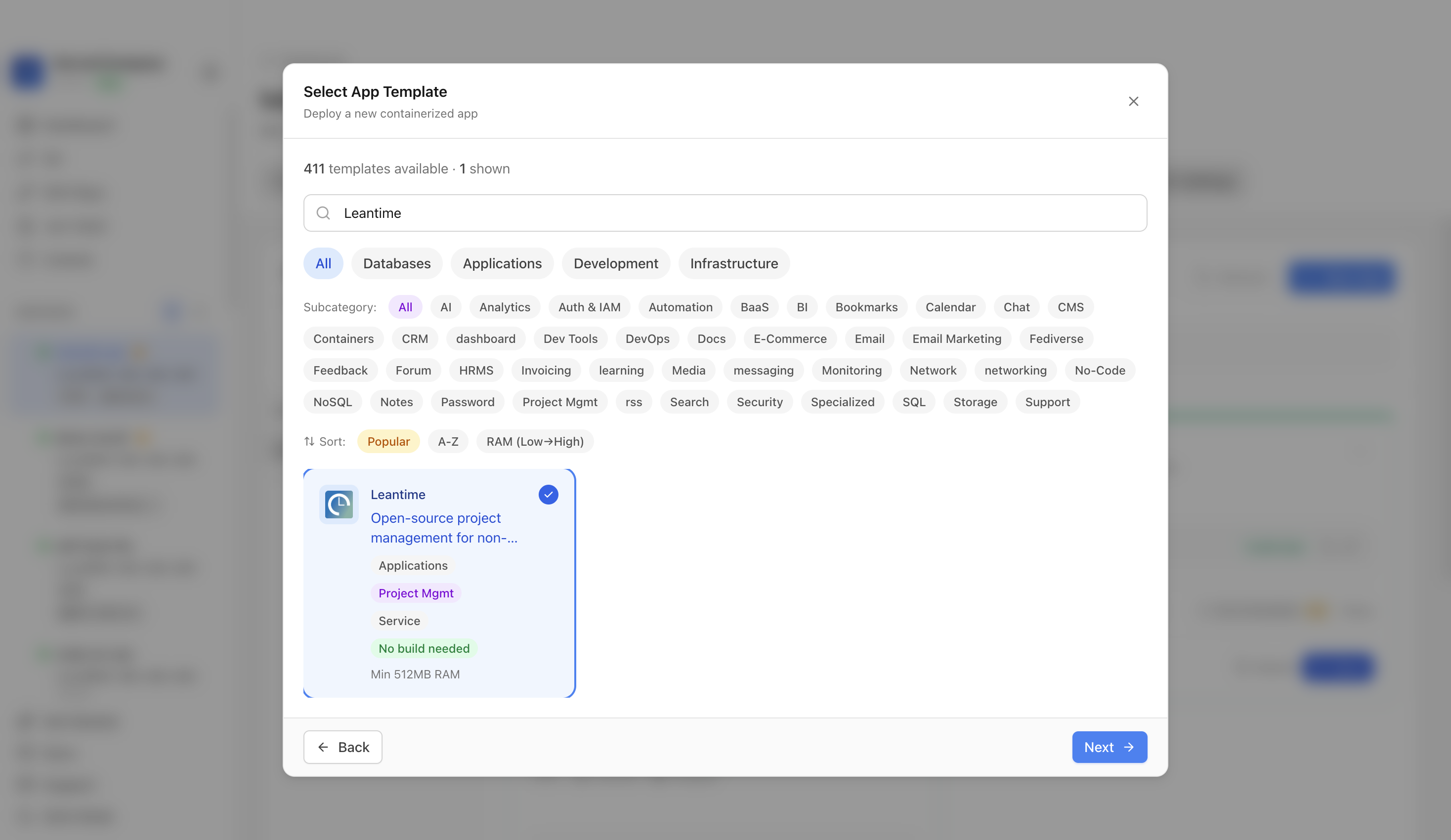 Leantime template selected in Server Compass