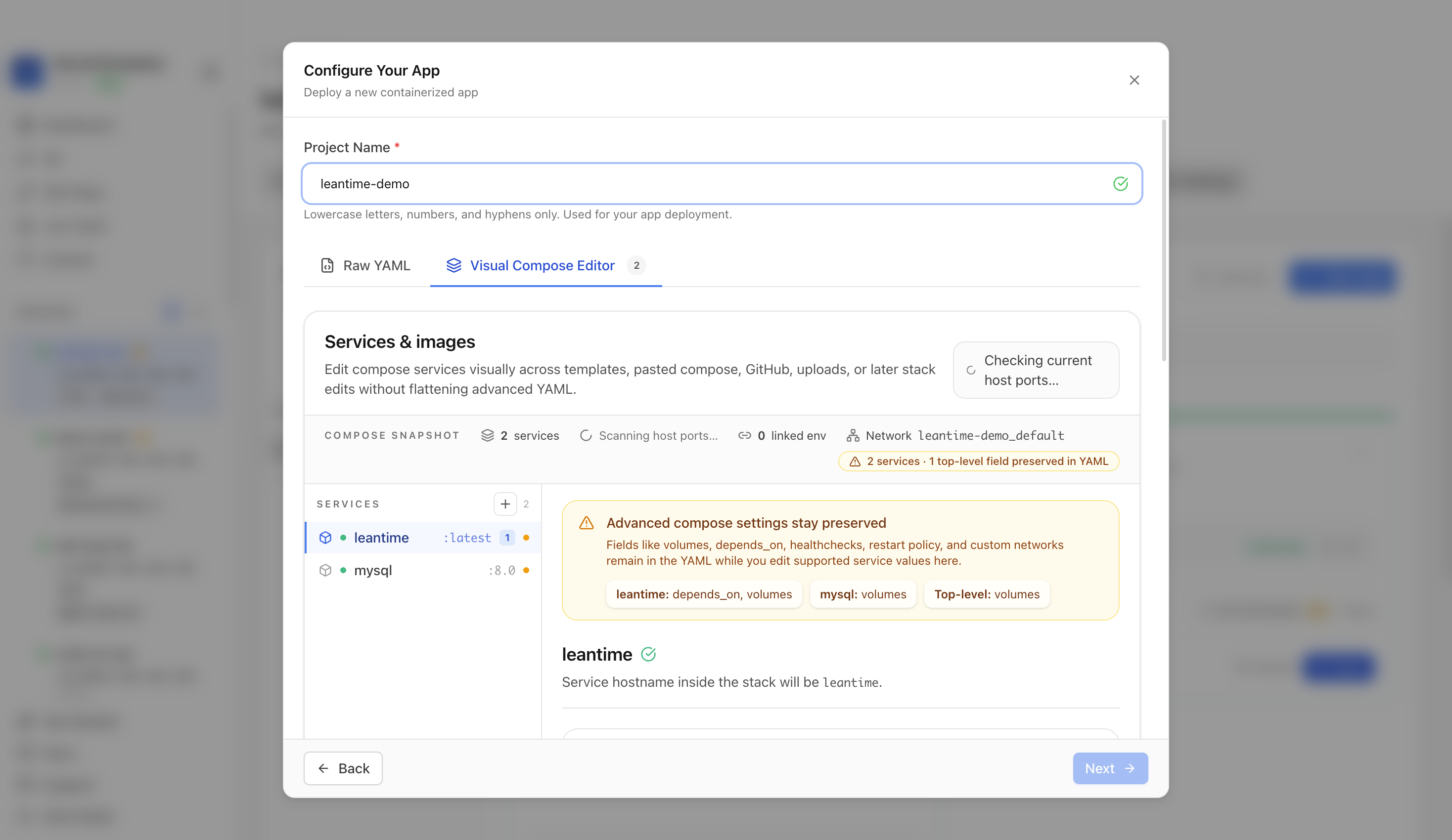 Reviewing Leantime project settings and compose services