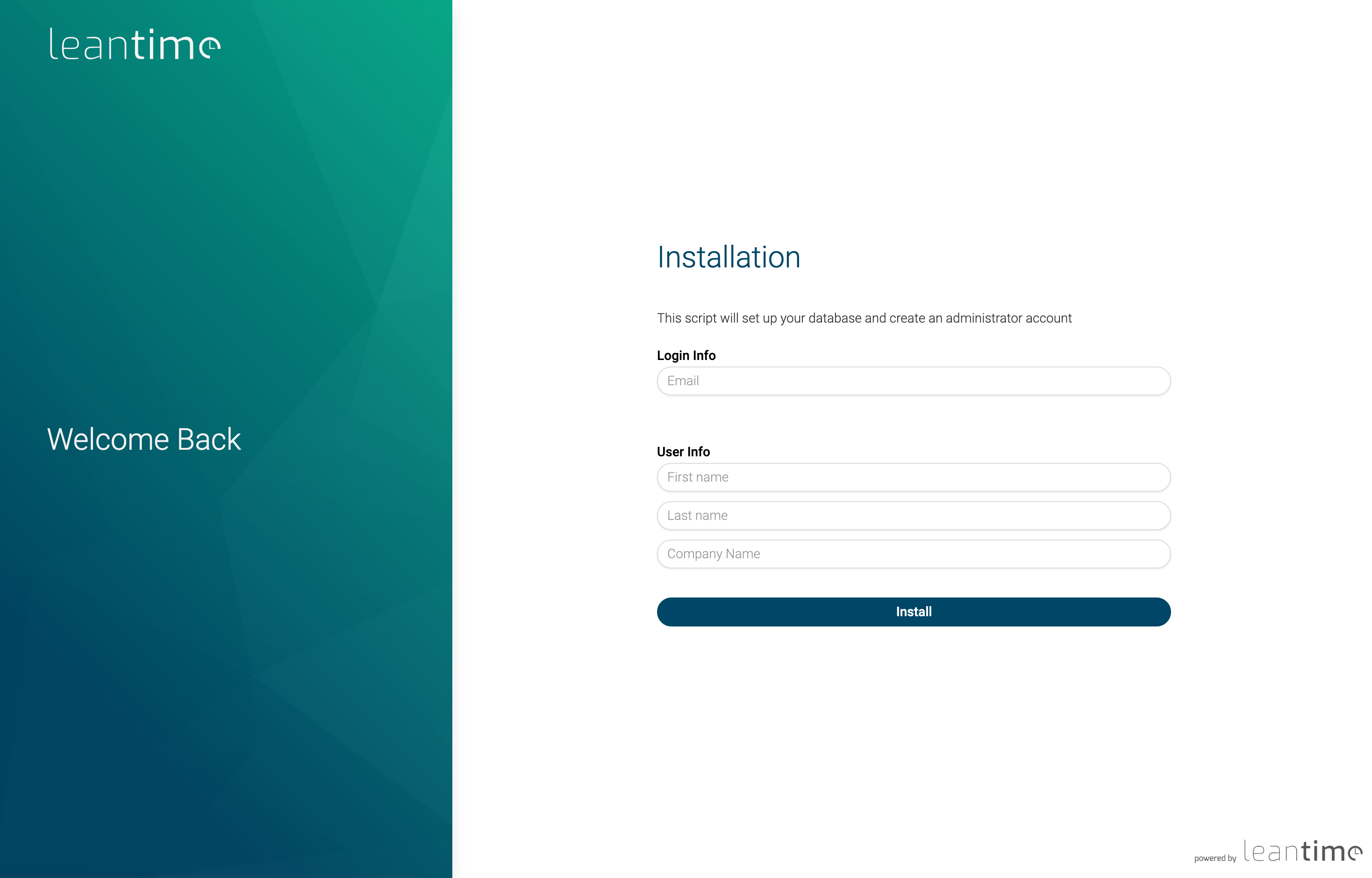 The deployed Leantime web UI loaded in a browser