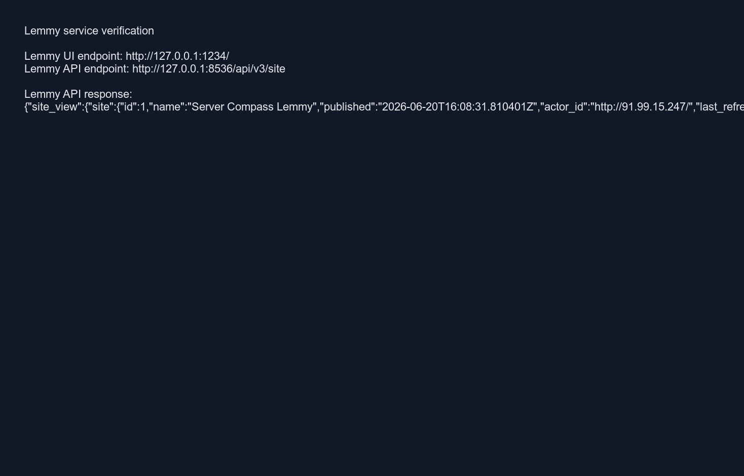 Lemmy service verification output from logs