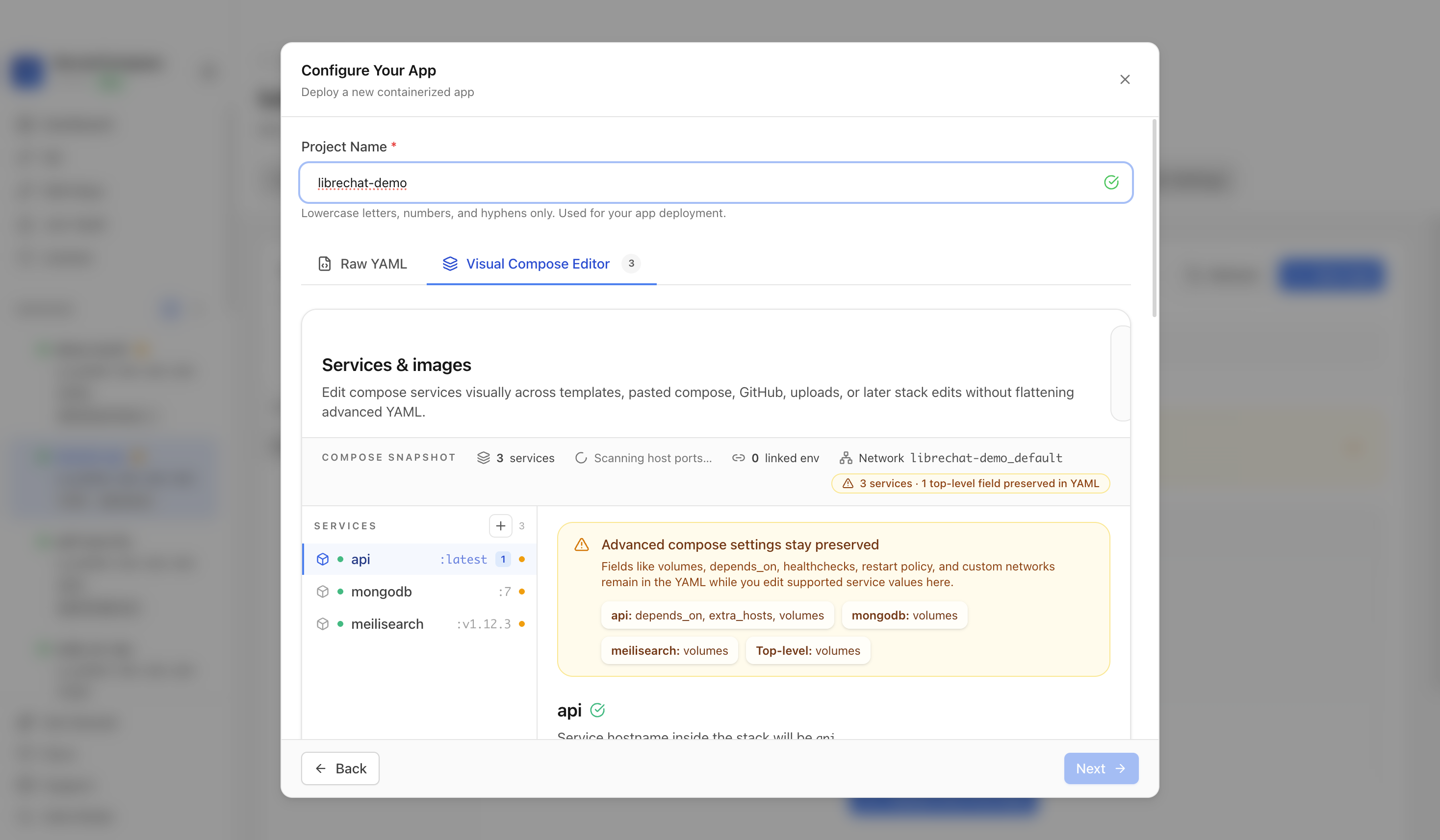 Reviewing LibreChat project settings and compose services