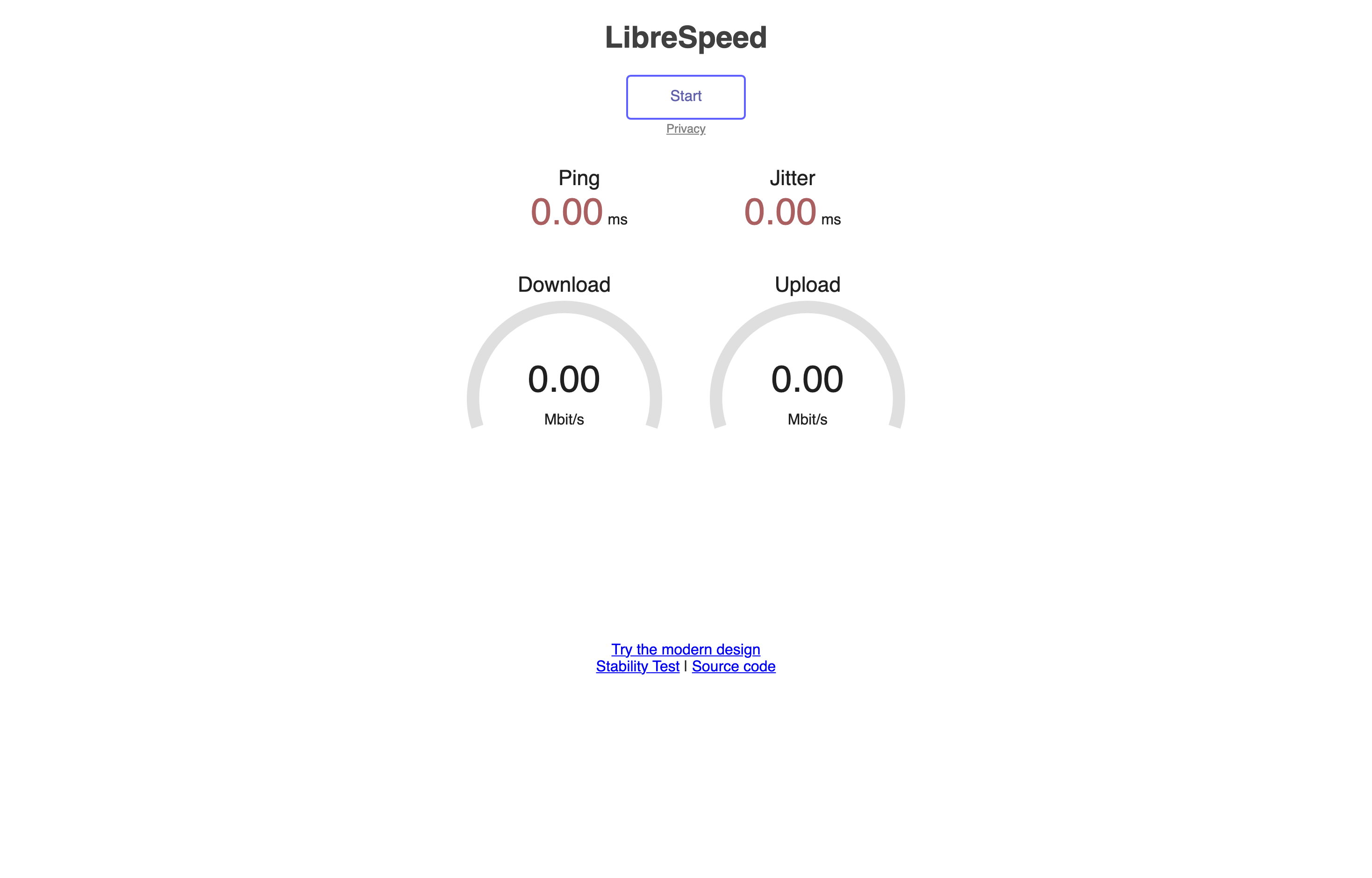 The deployed LibreSpeed web UI loaded in a browser