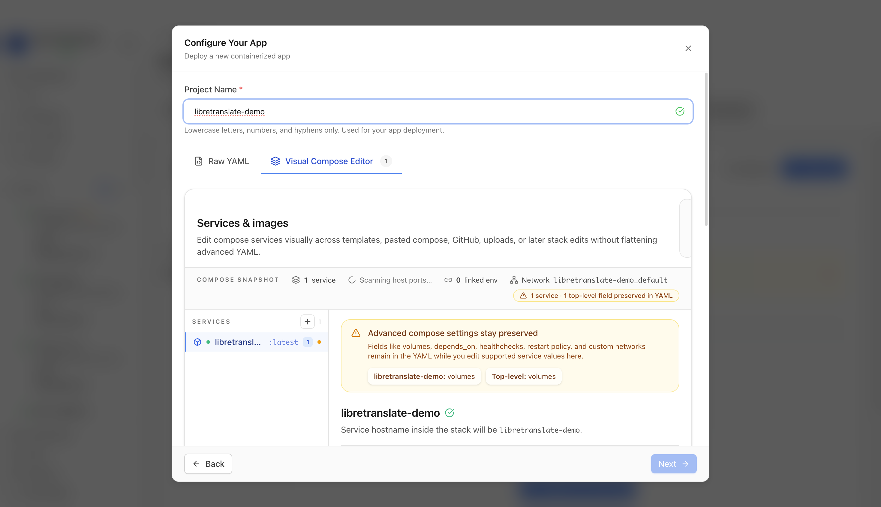 Reviewing LibreTranslate project settings and compose service
