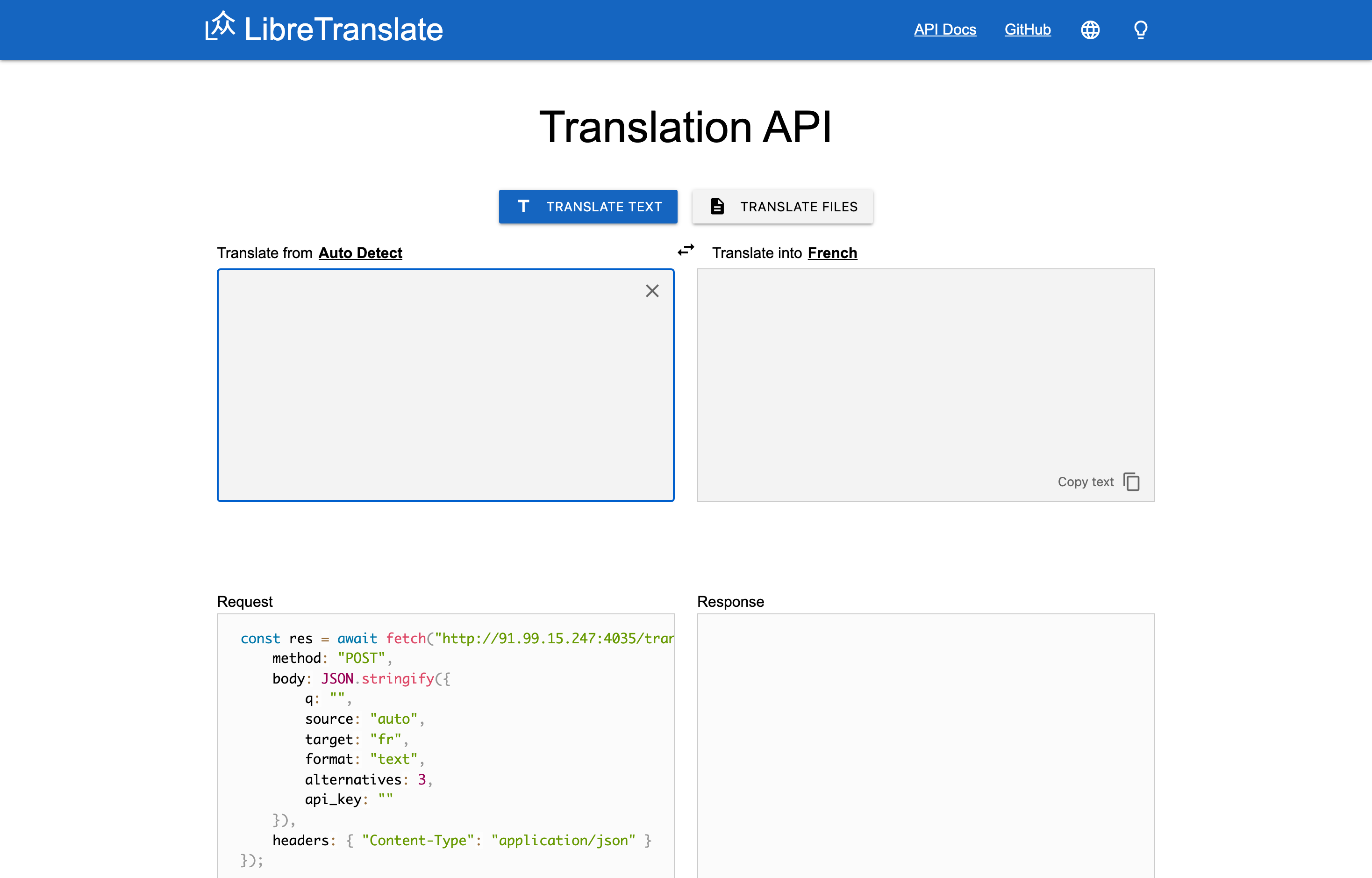 The deployed LibreTranslate web UI loaded in a browser