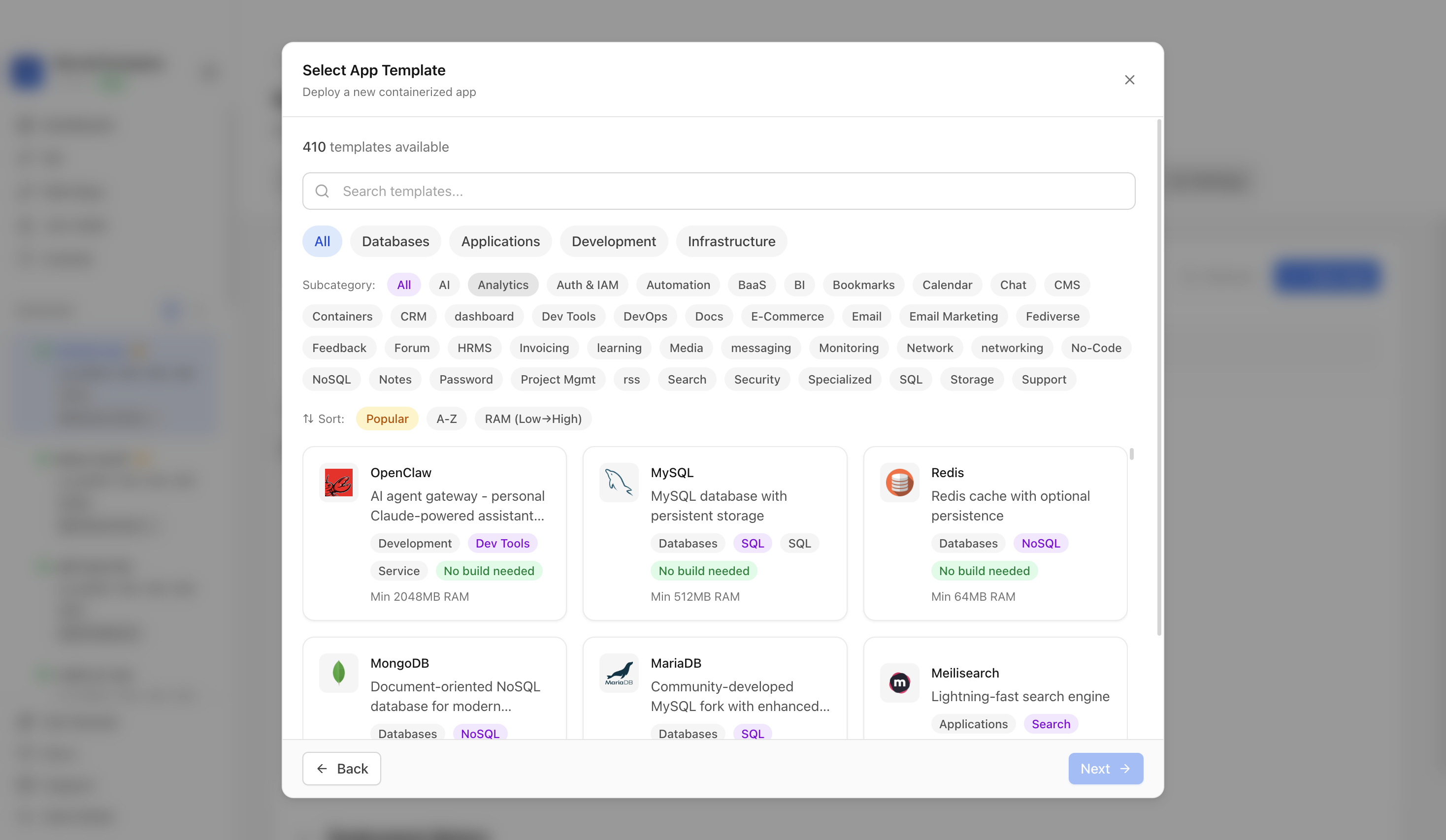 Choosing to deploy an app from a Server Compass template