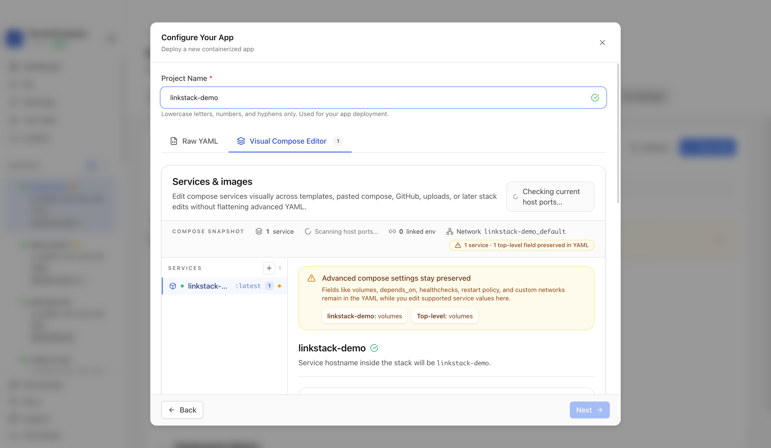 Reviewing LinkStack project settings and compose service