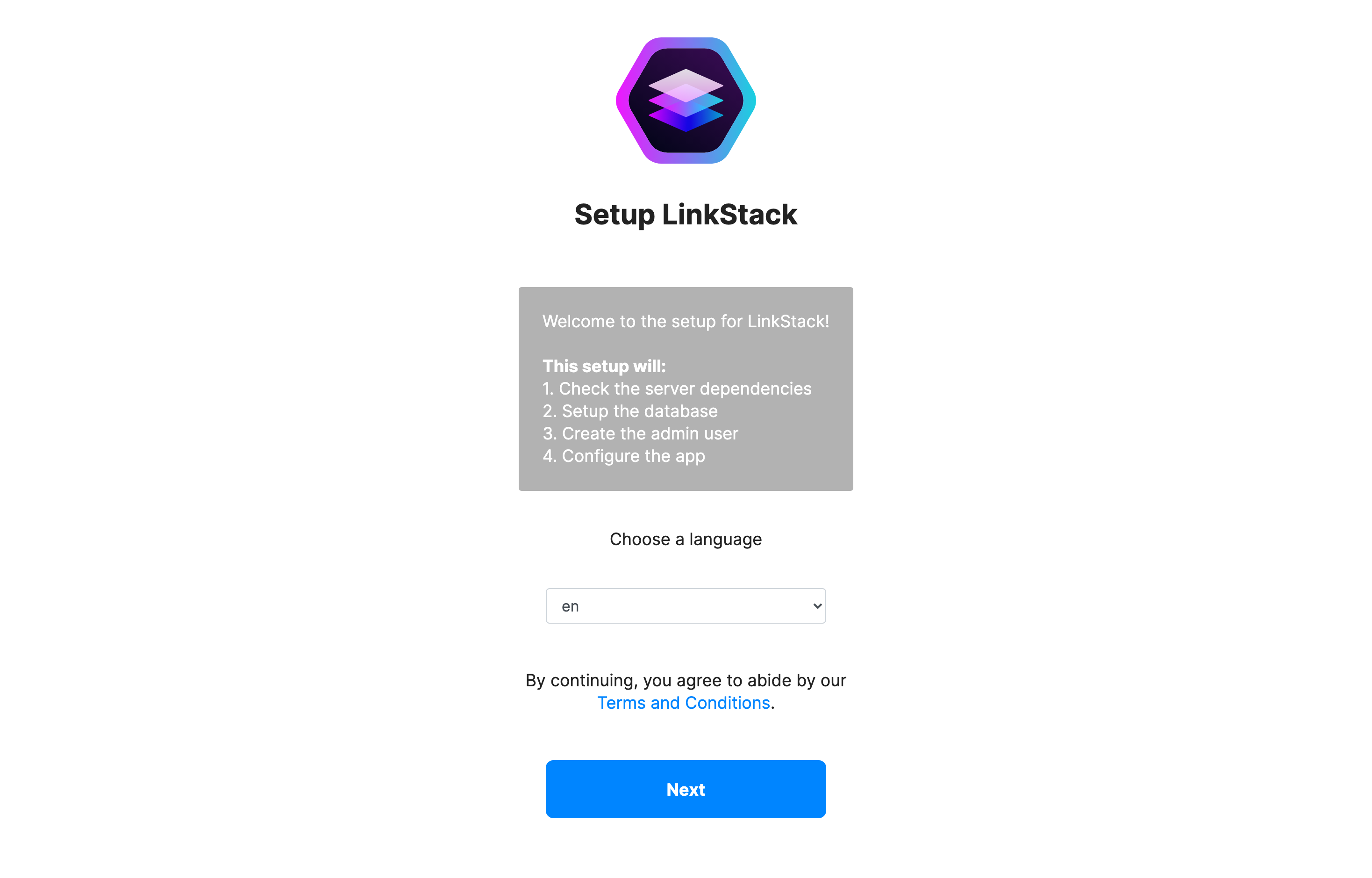 The deployed LinkStack web UI loaded in a browser