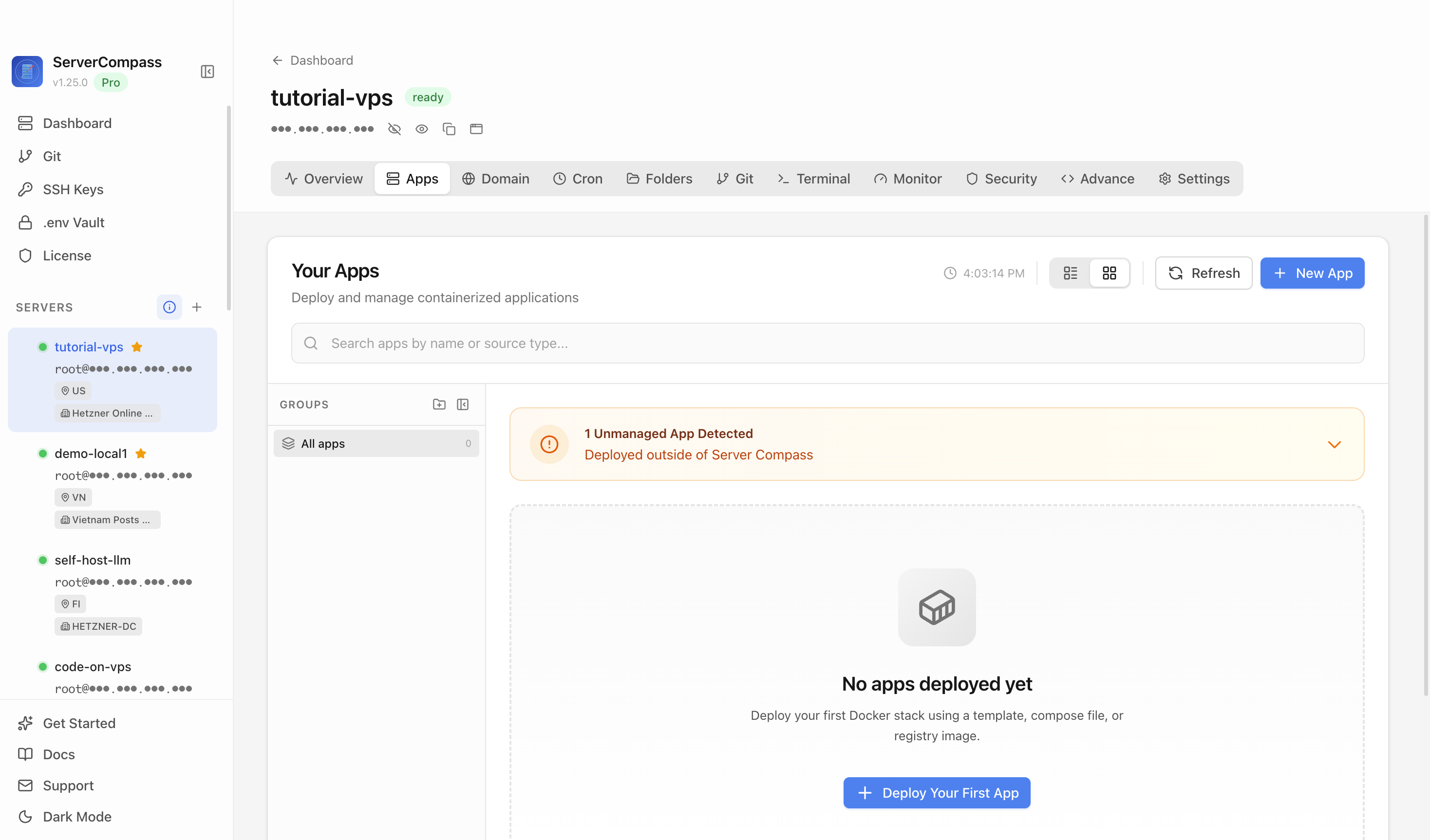 Server Compass Apps tab before creating a Linkwarden app
