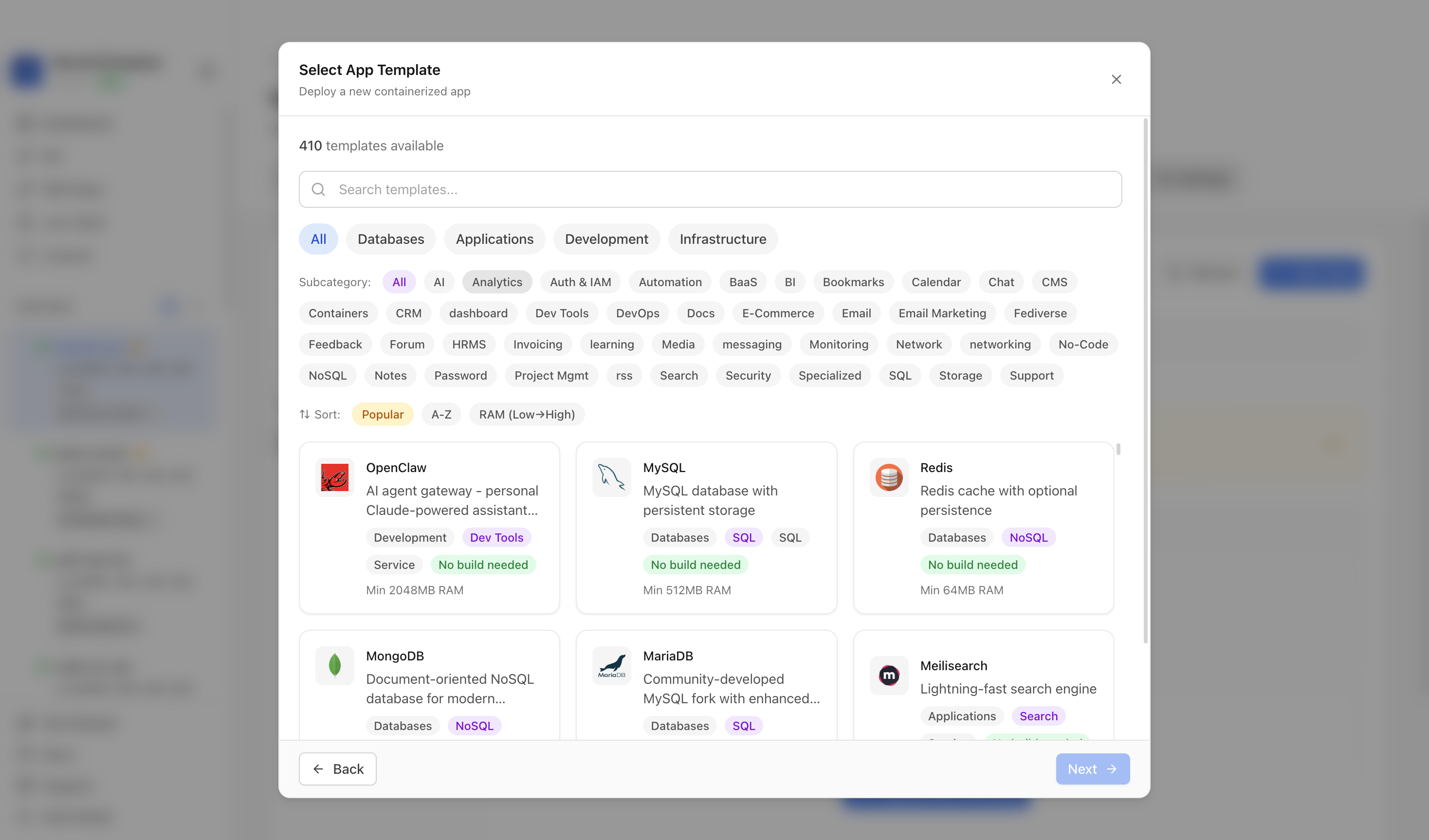 Choosing to deploy an app from a Server Compass template