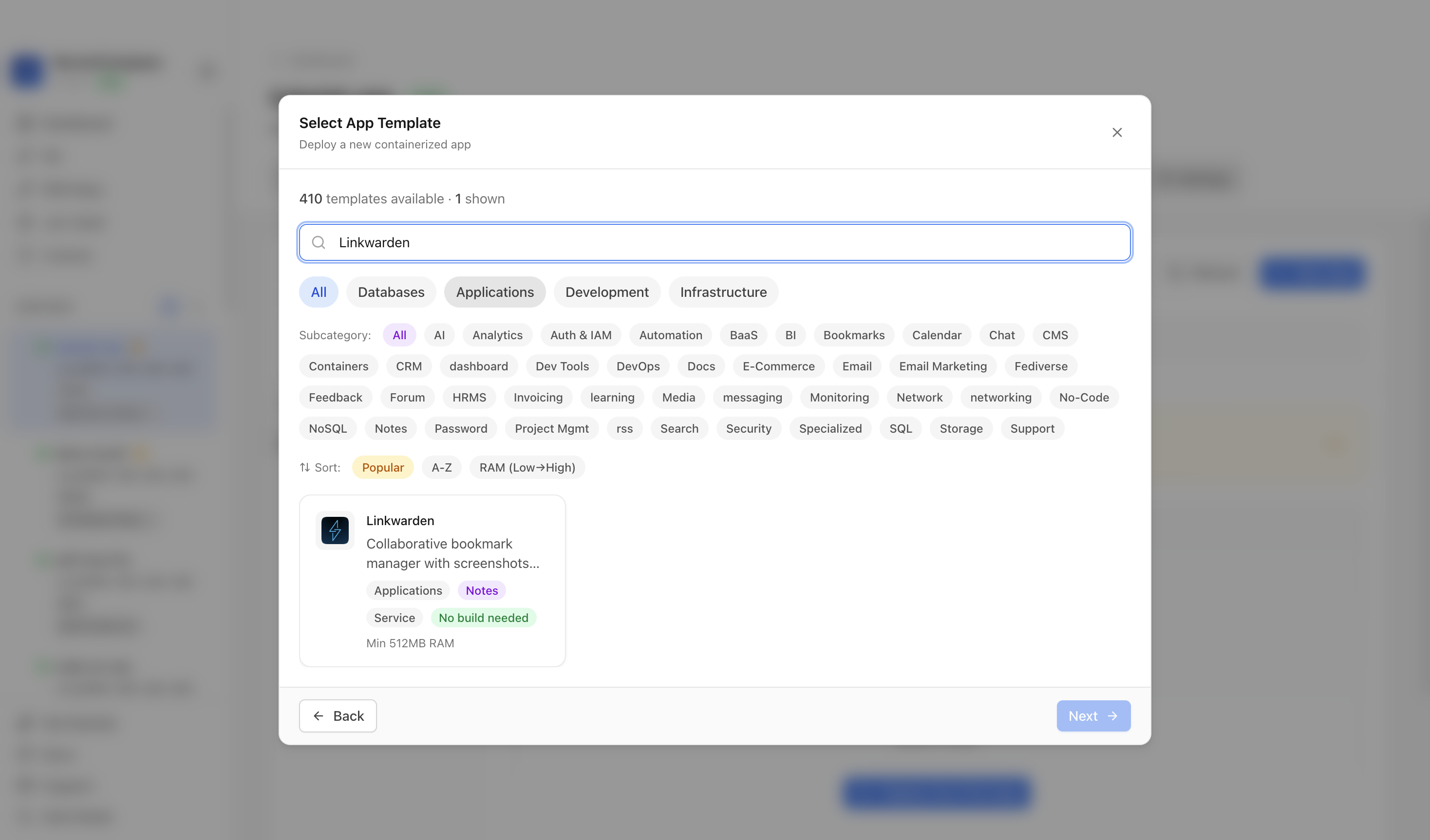 Searching for Linkwarden in the Server Compass template picker