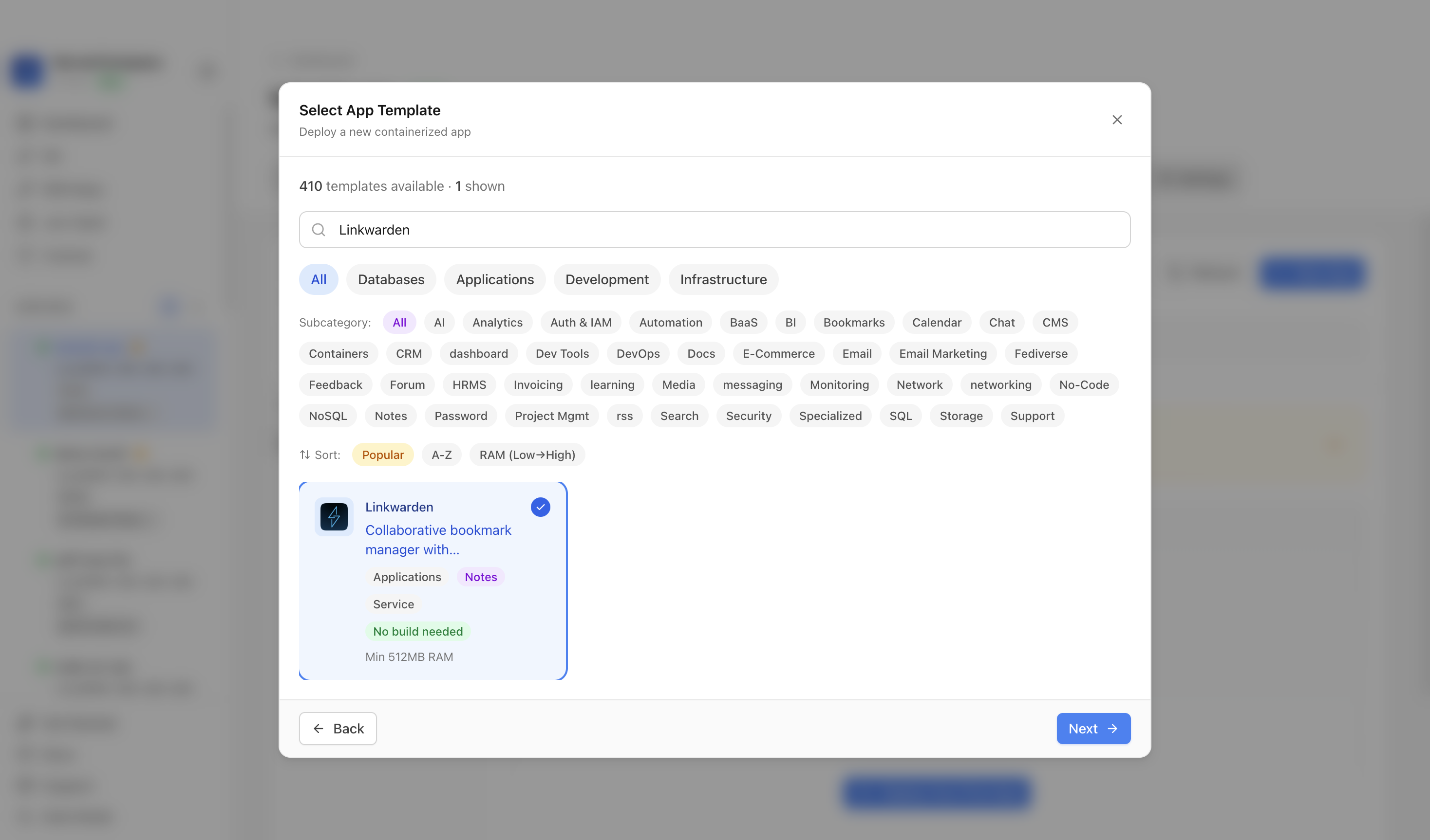 Linkwarden template selected in Server Compass