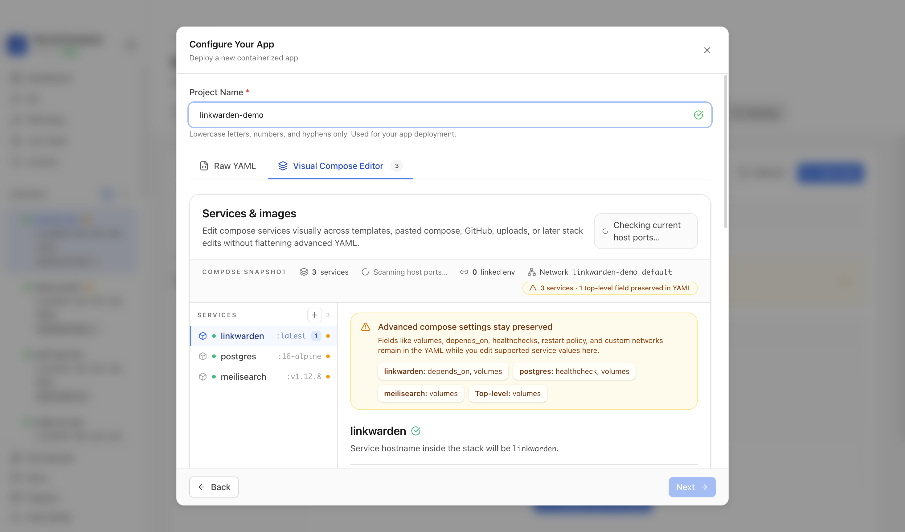 Reviewing Linkwarden project settings and compose services