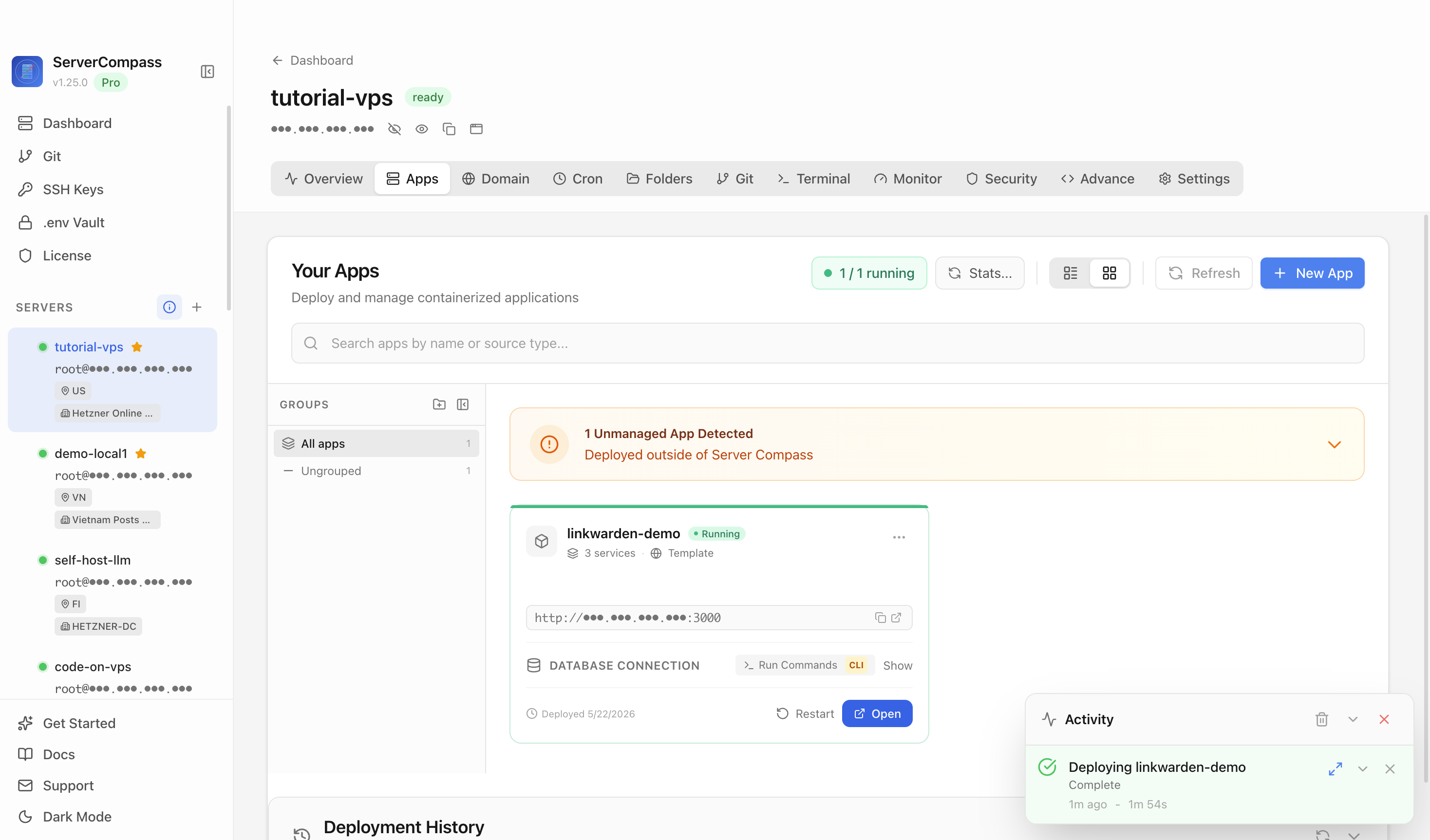 Linkwarden template running in the Server Compass Apps tab