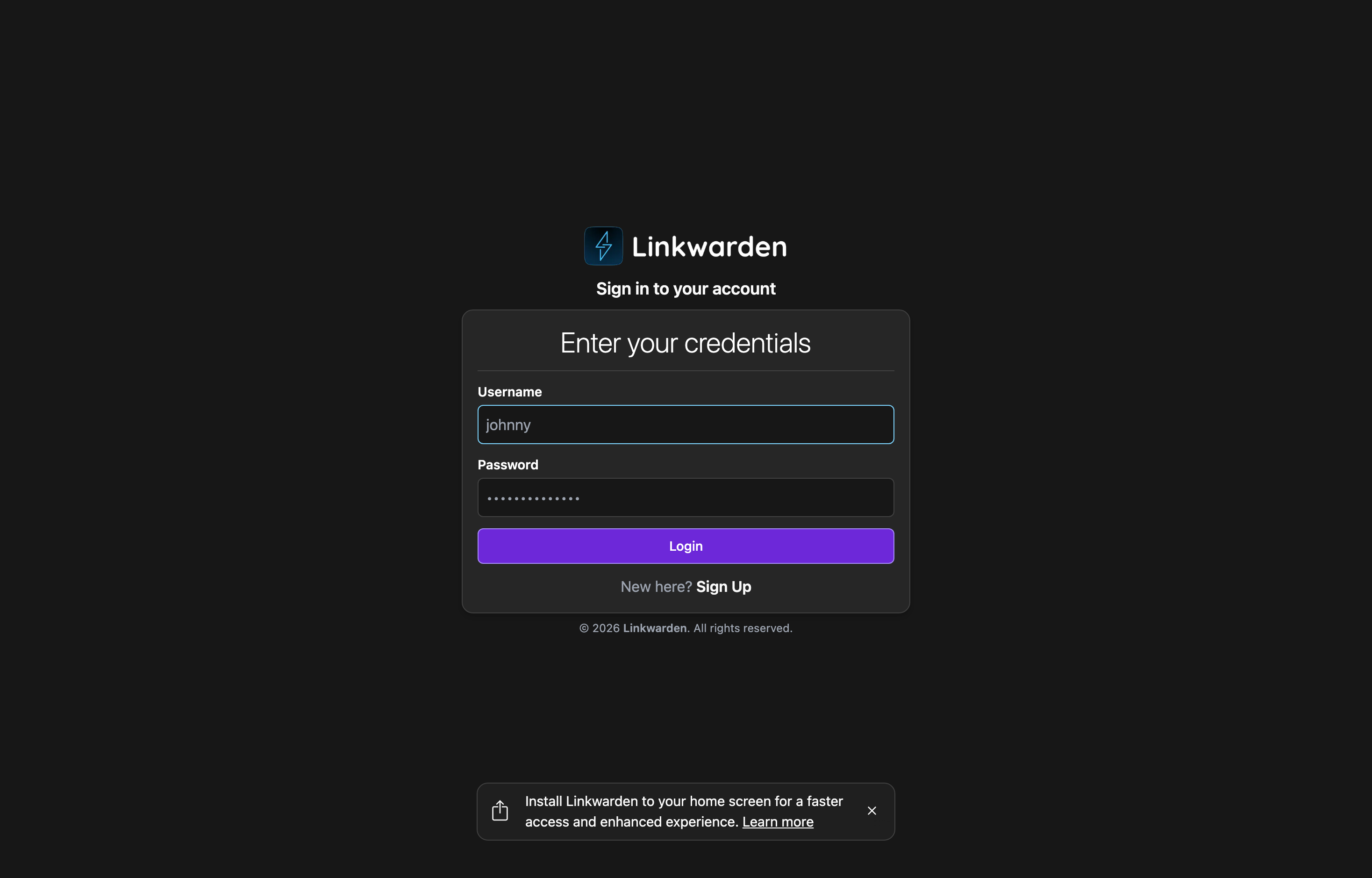 The deployed Linkwarden web UI loaded in a browser