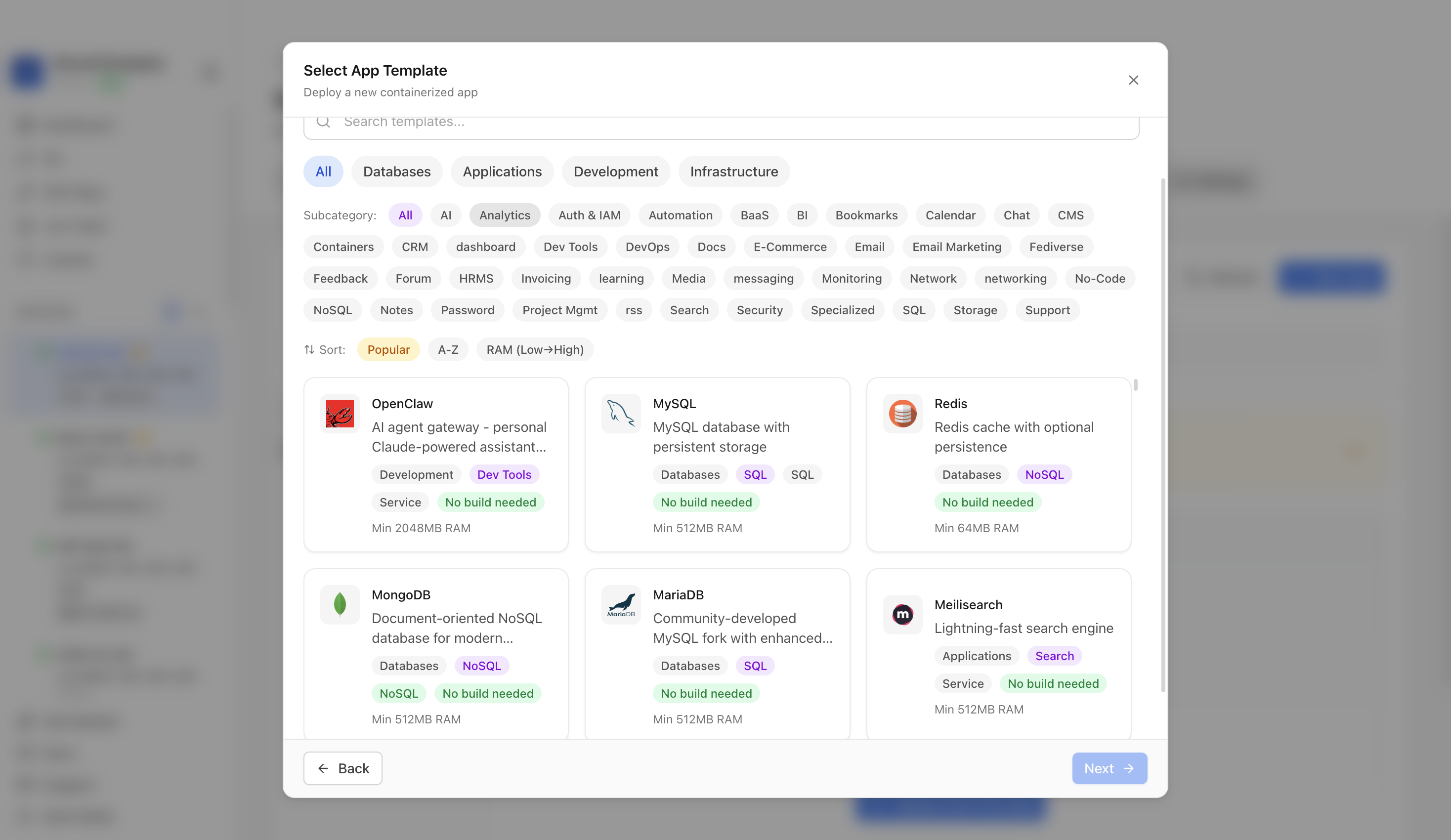 Choosing to deploy an app from a Server Compass template