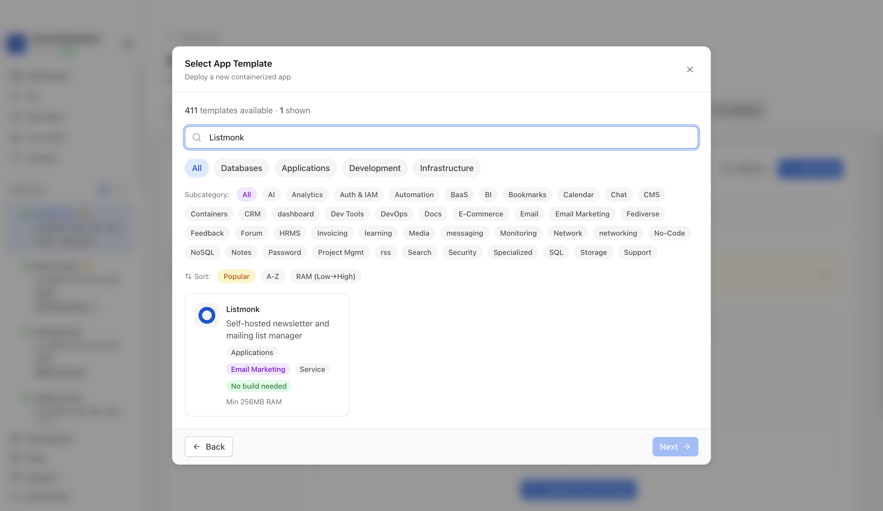 Searching for Listmonk in the Server Compass template picker