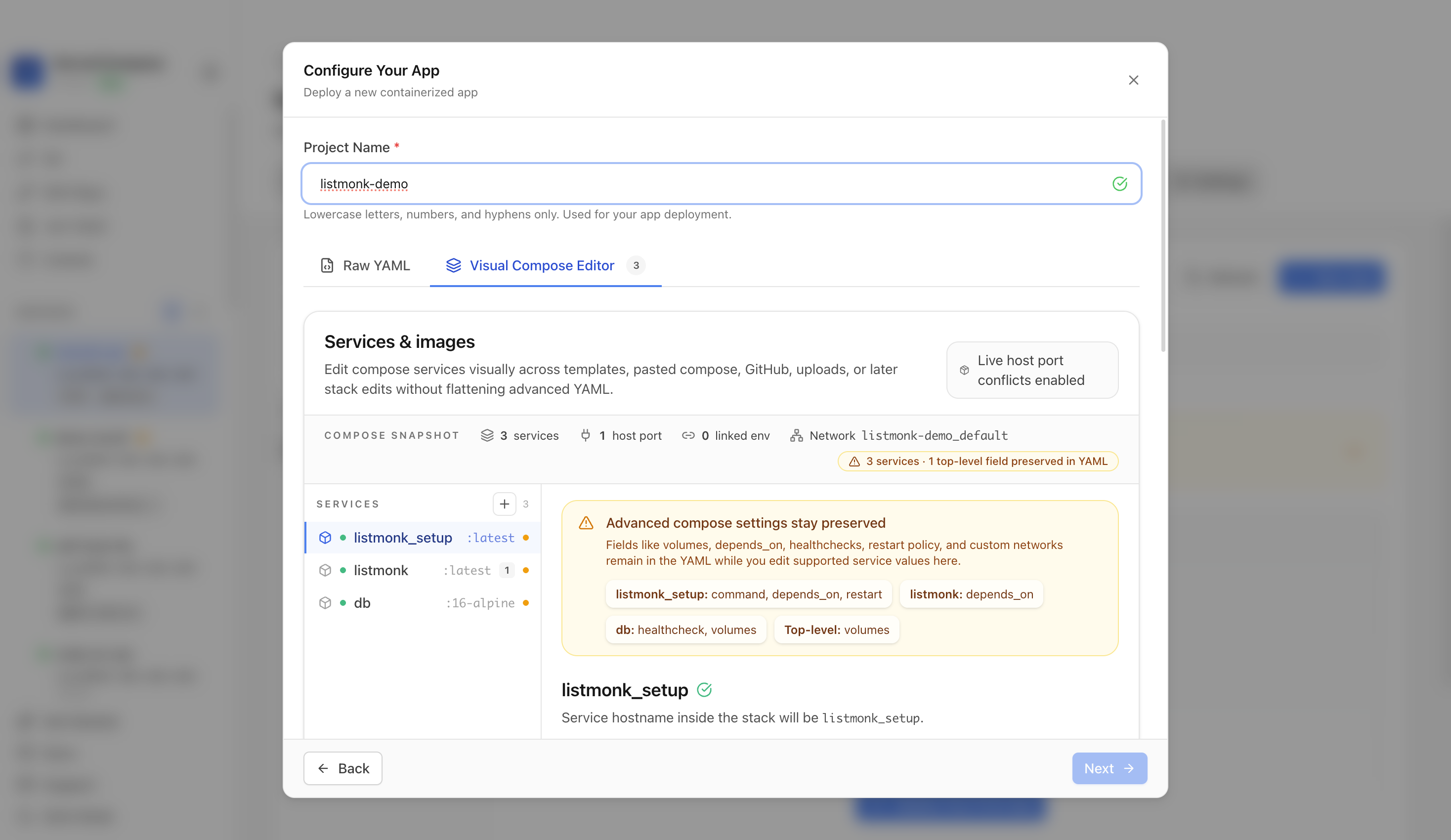 Reviewing Listmonk project settings and compose services