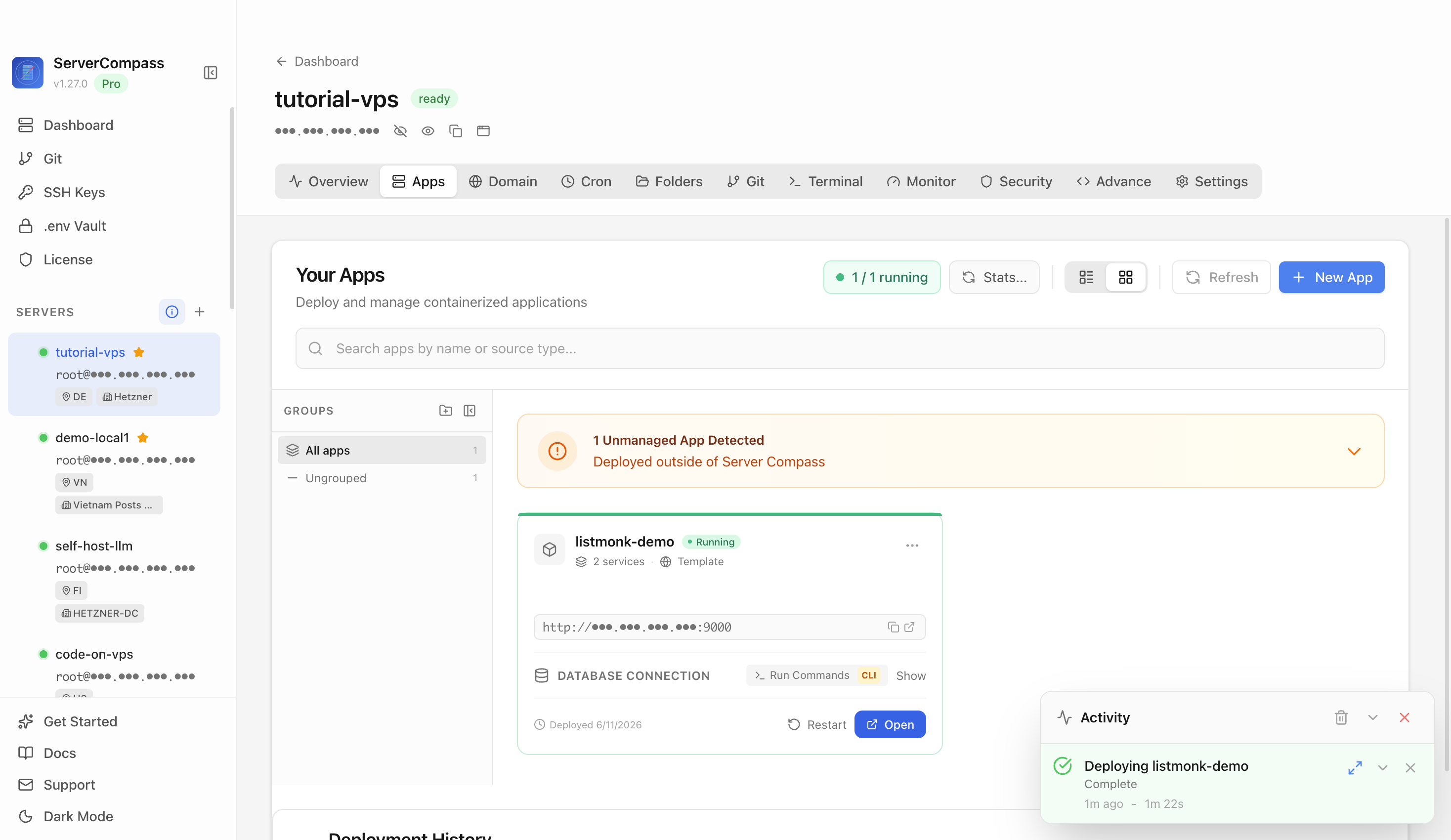 Listmonk template running in the Server Compass Apps tab