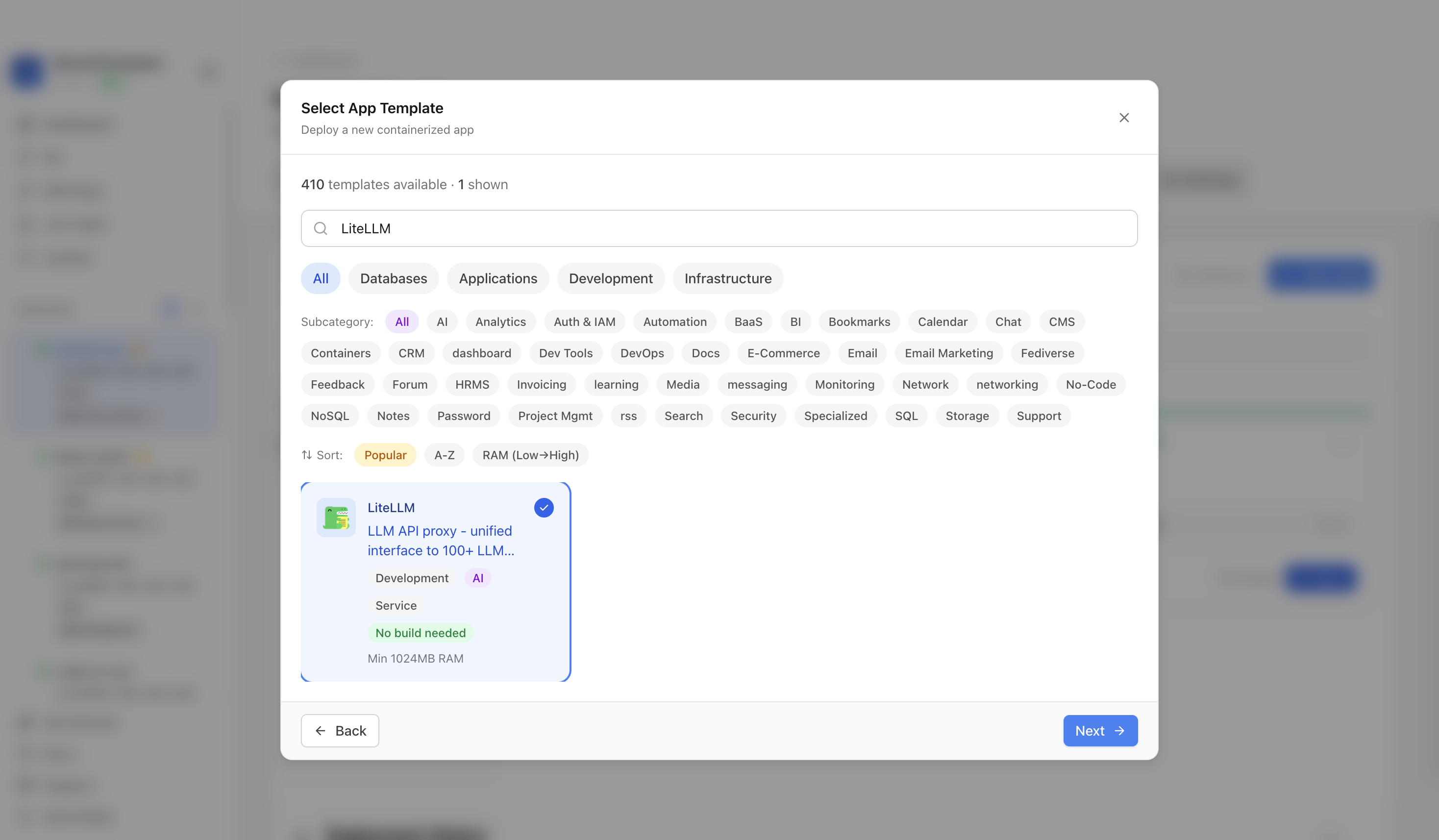 LiteLLM template selected in Server Compass