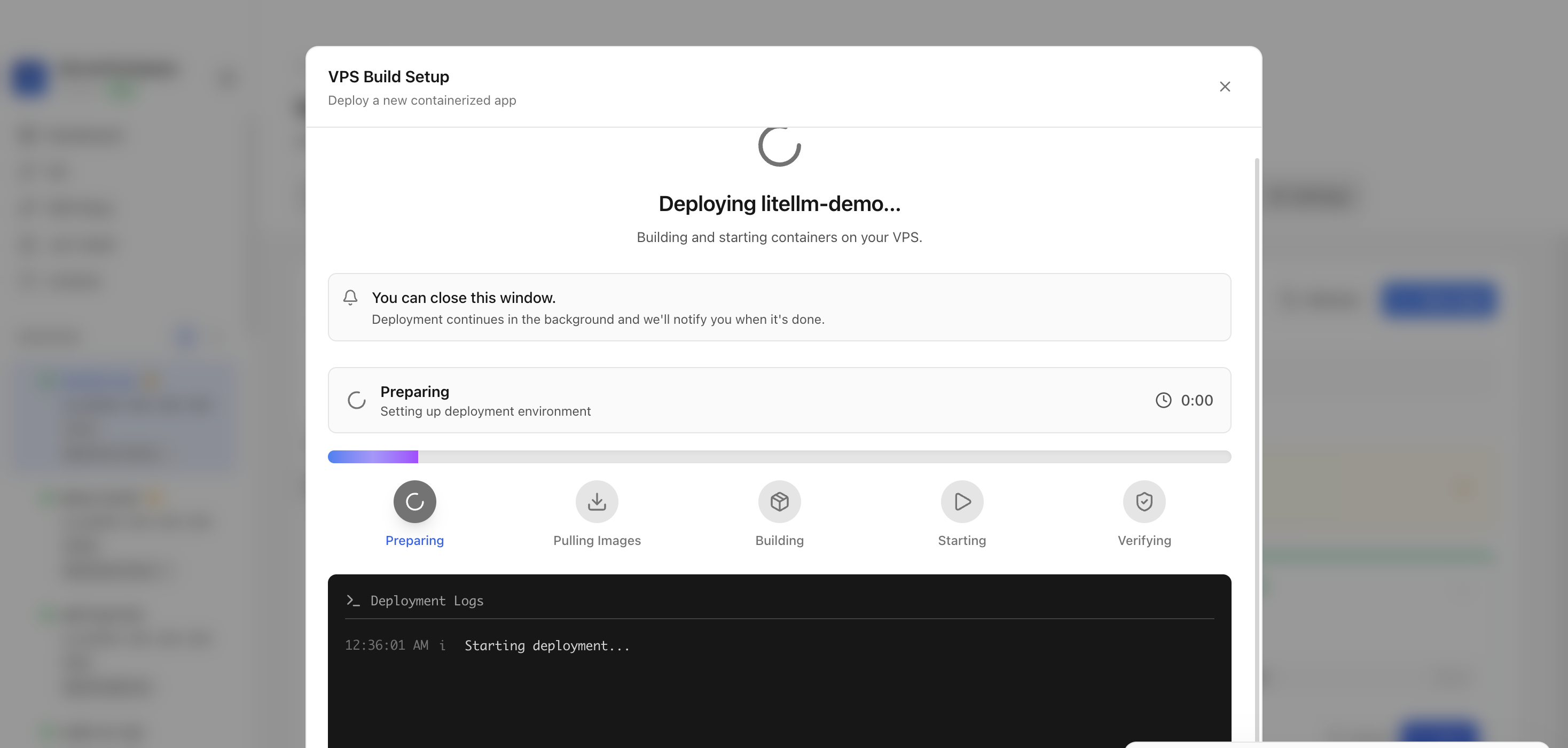 Server Compass deploying the LiteLLM template on the VPS