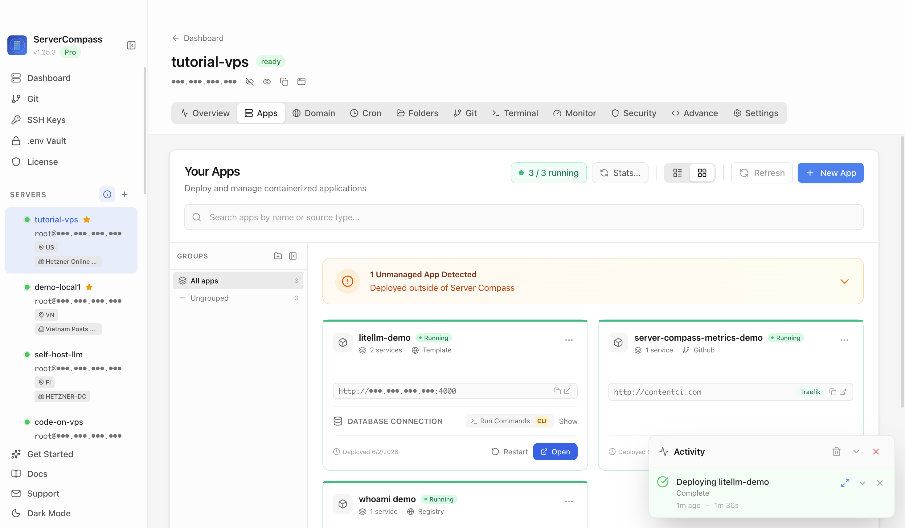 LiteLLM template running in the Server Compass Apps tab