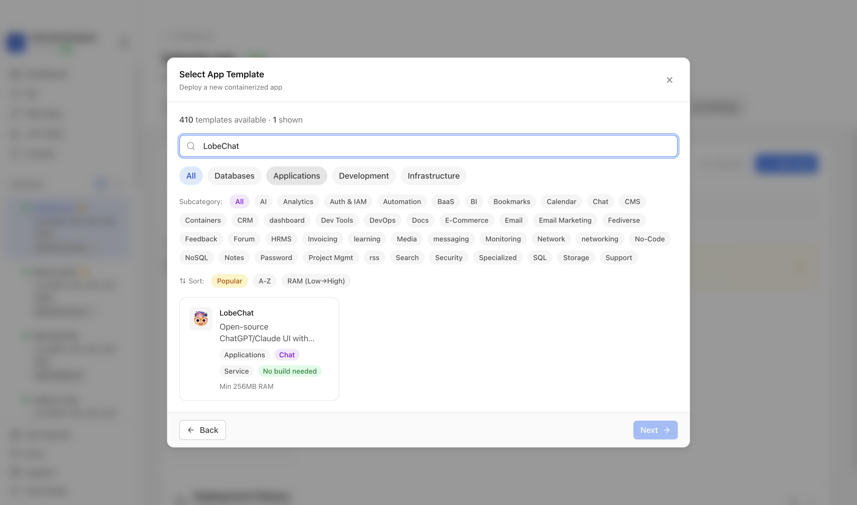 Searching for LobeChat in the Server Compass template picker