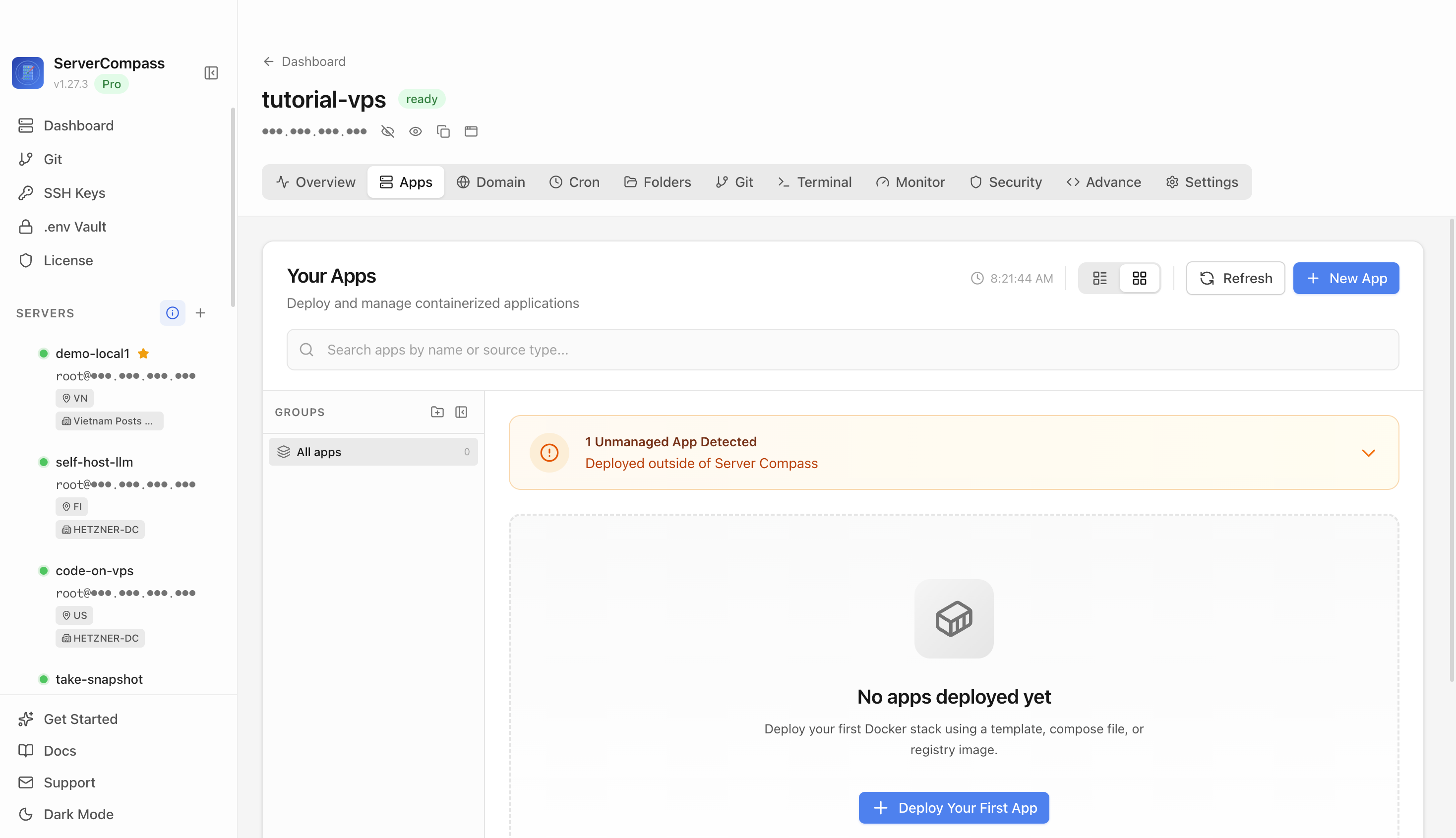 Server Compass Apps tab before creating a LocalStack app