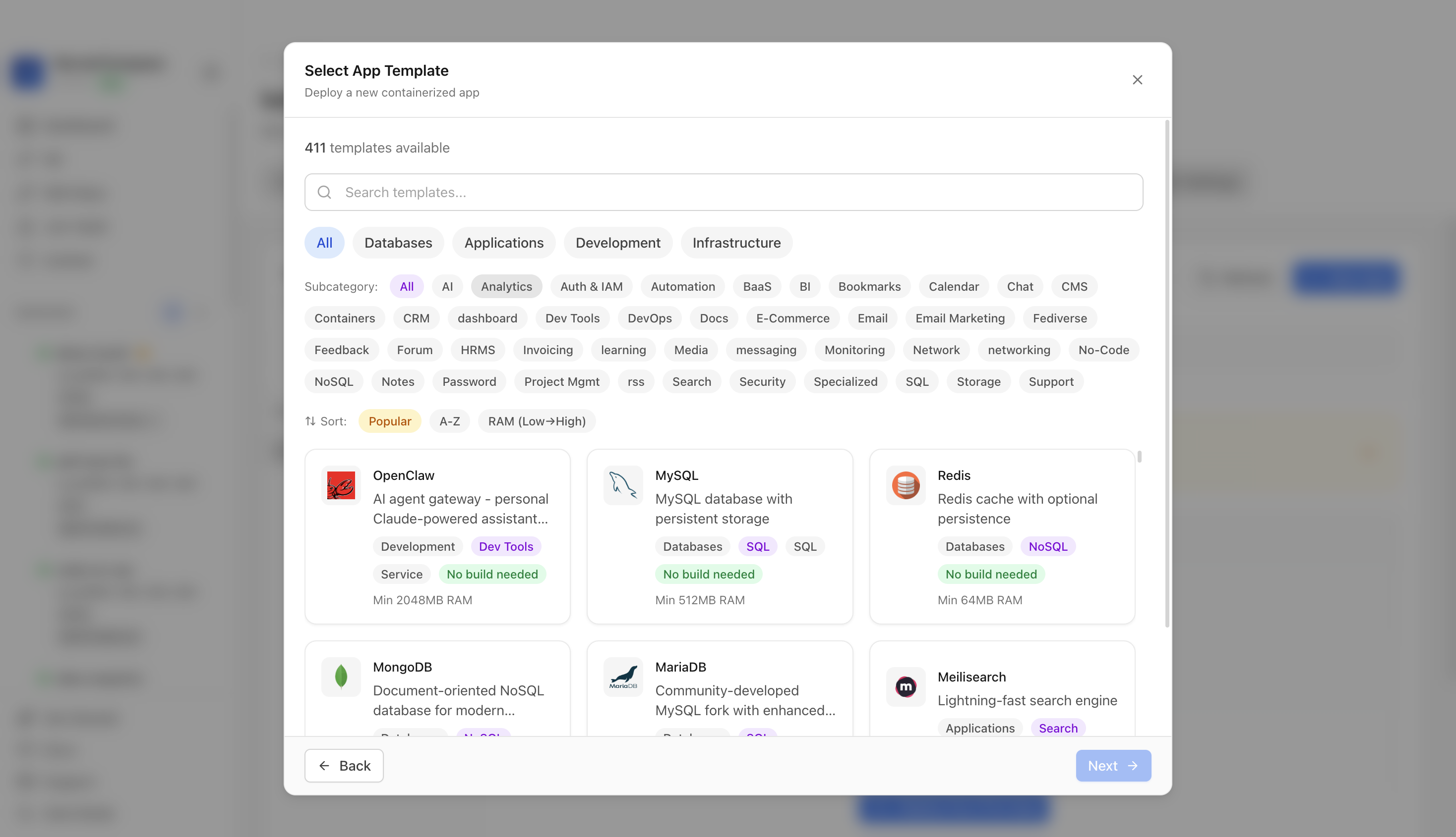 Choosing to deploy an app from a Server Compass template