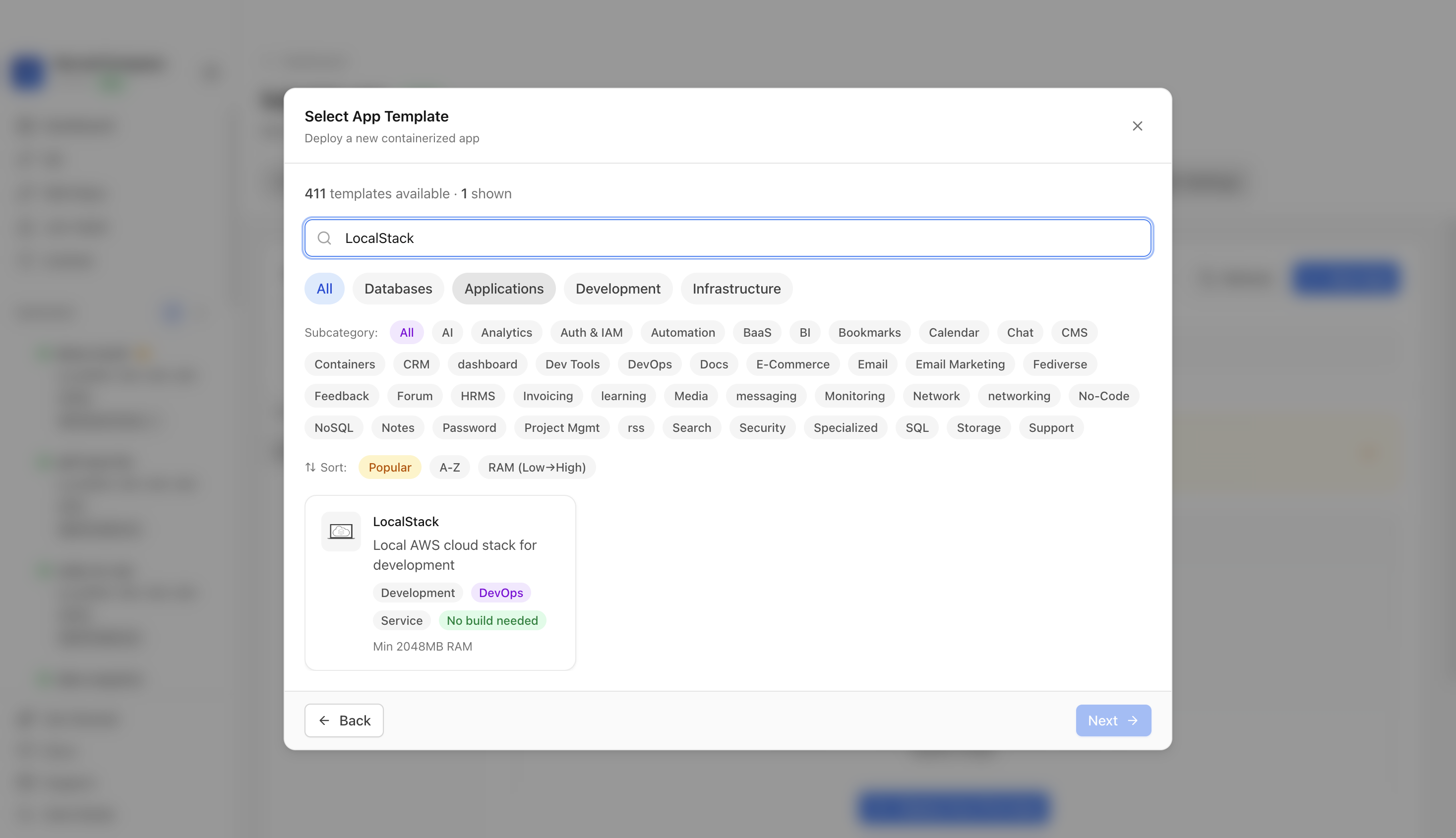 Searching for LocalStack in the Server Compass template picker