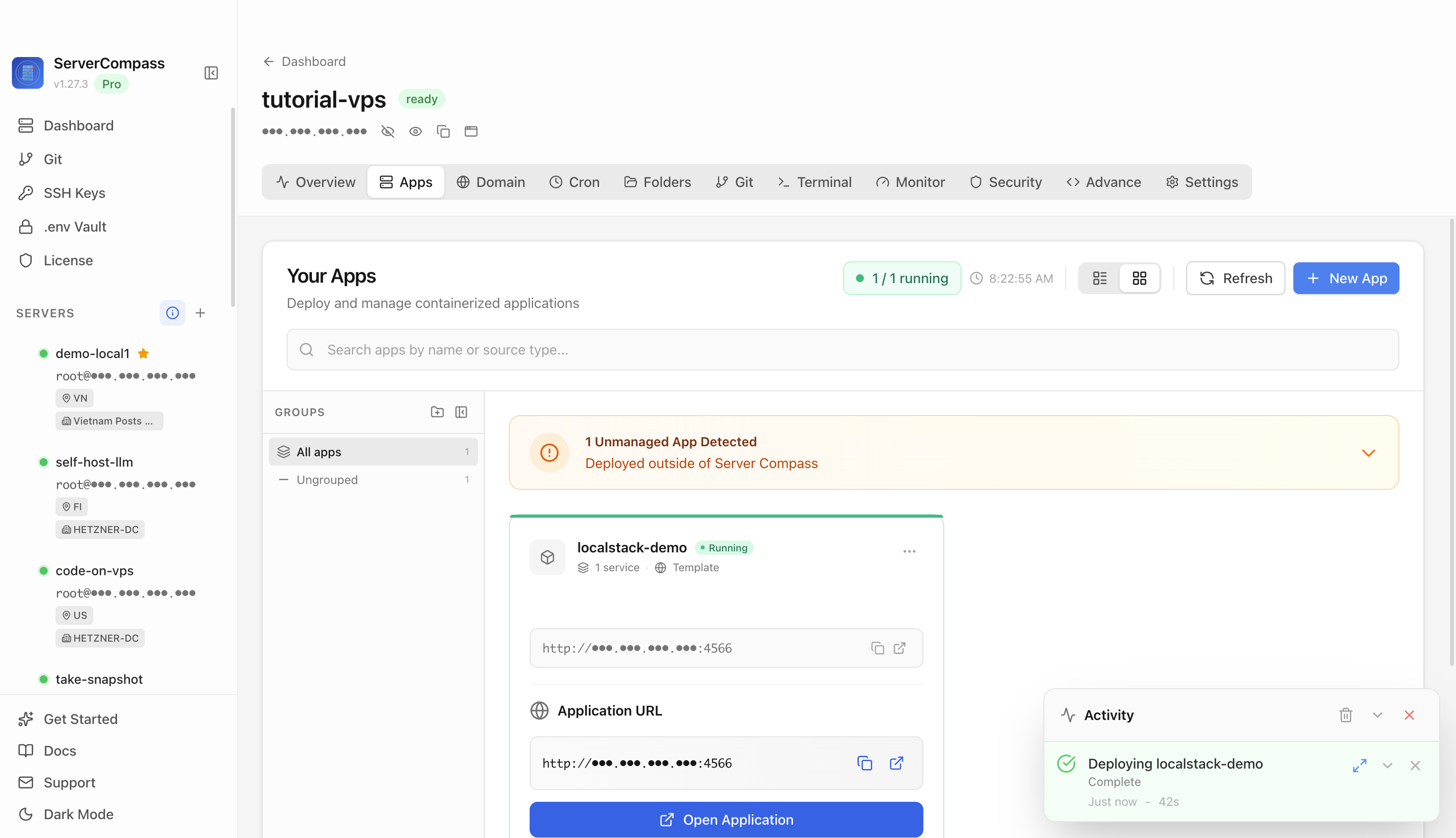 LocalStack template running in the Server Compass Apps tab