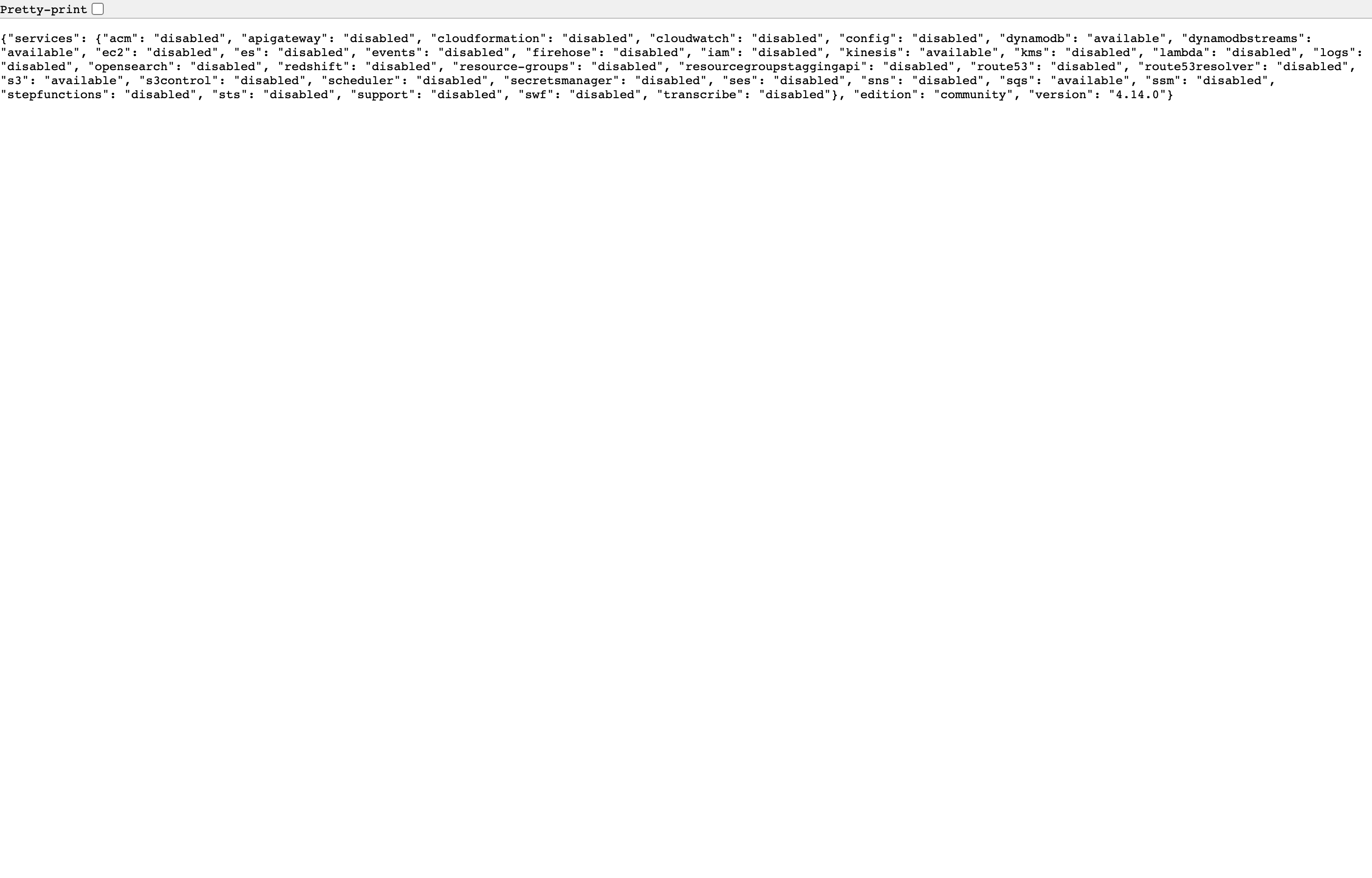 The deployed LocalStack health API responding in a browser