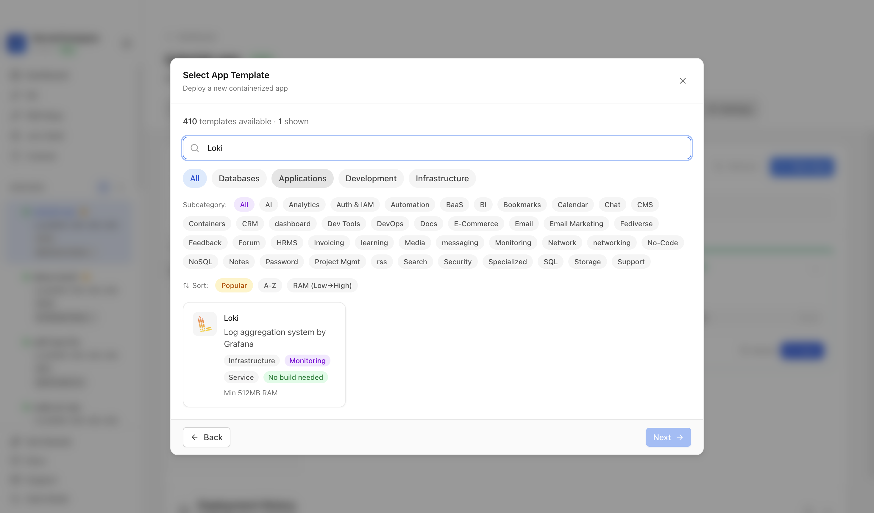 Searching for Loki in the Server Compass template picker