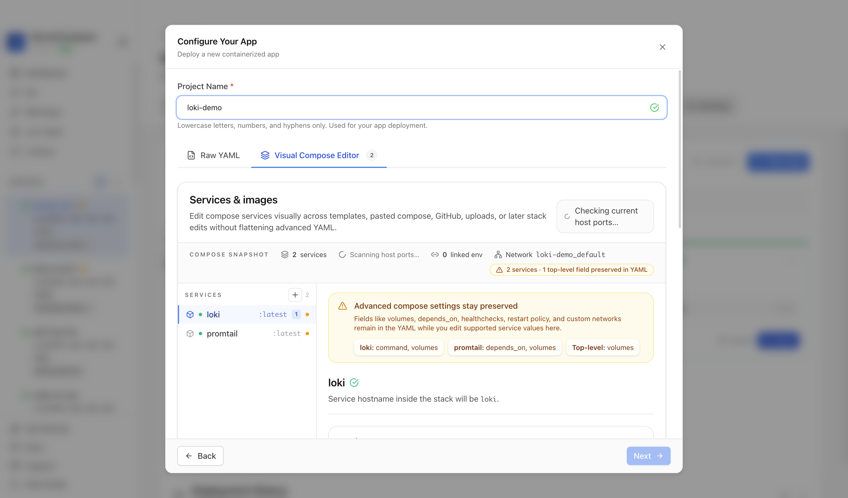 Reviewing Loki project settings and compose services