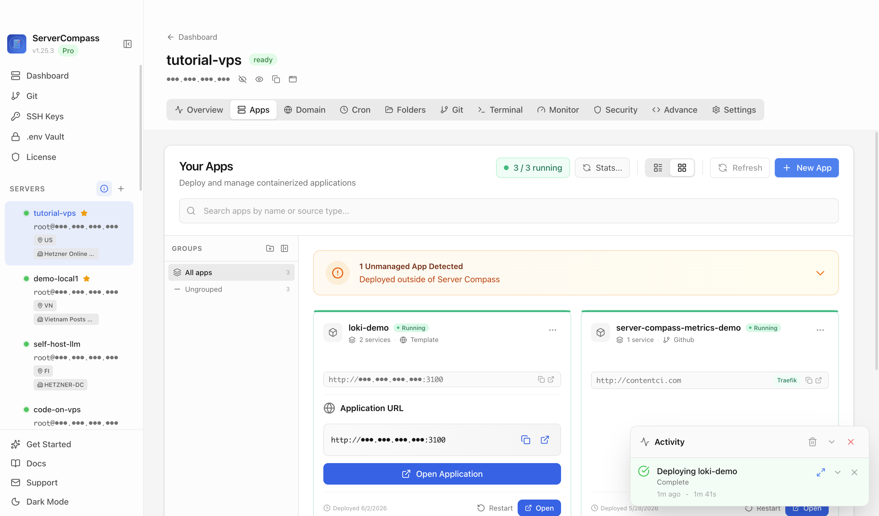 Loki template running in the Server Compass Apps tab