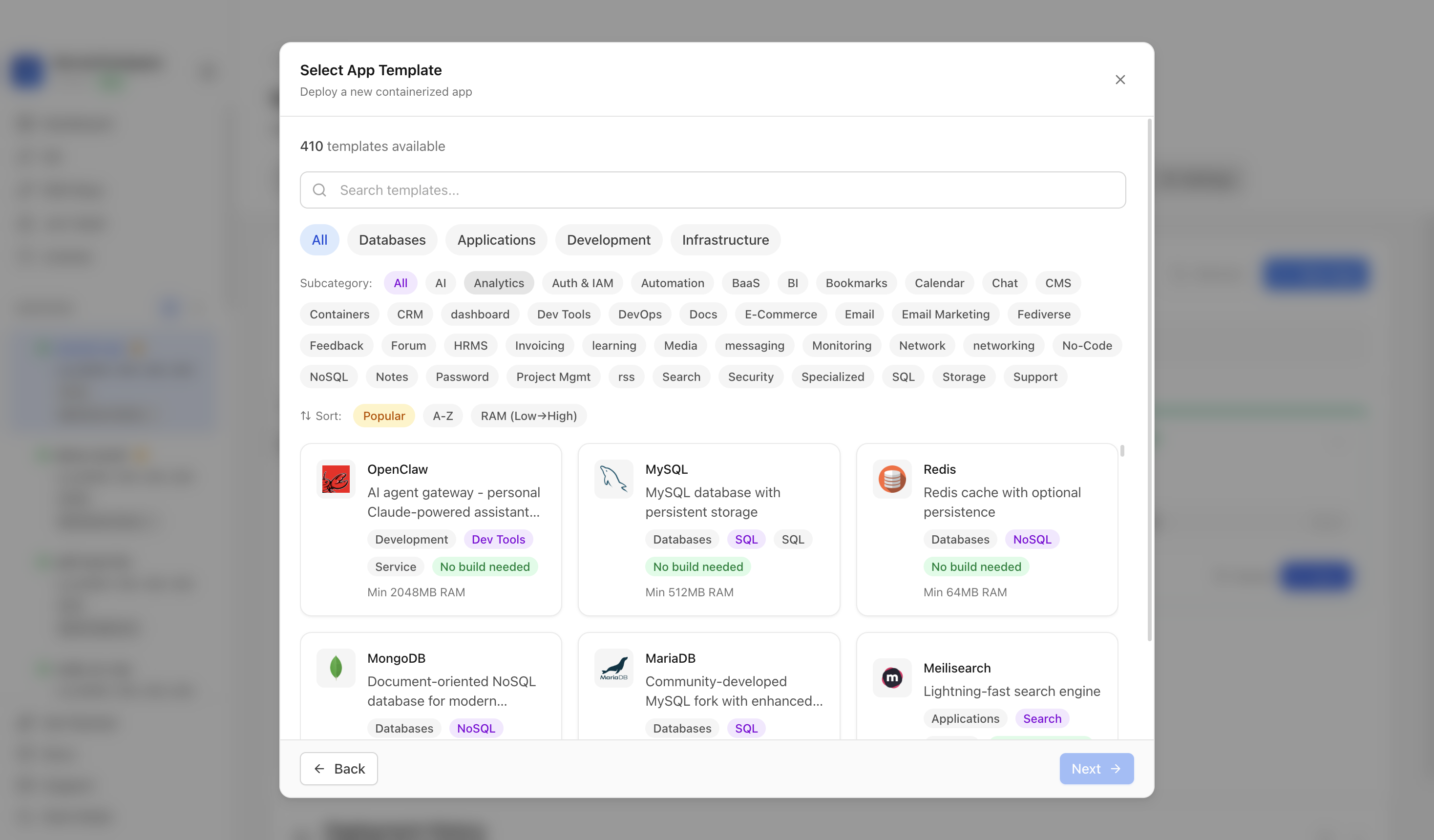 Choosing to deploy an app from a Server Compass template