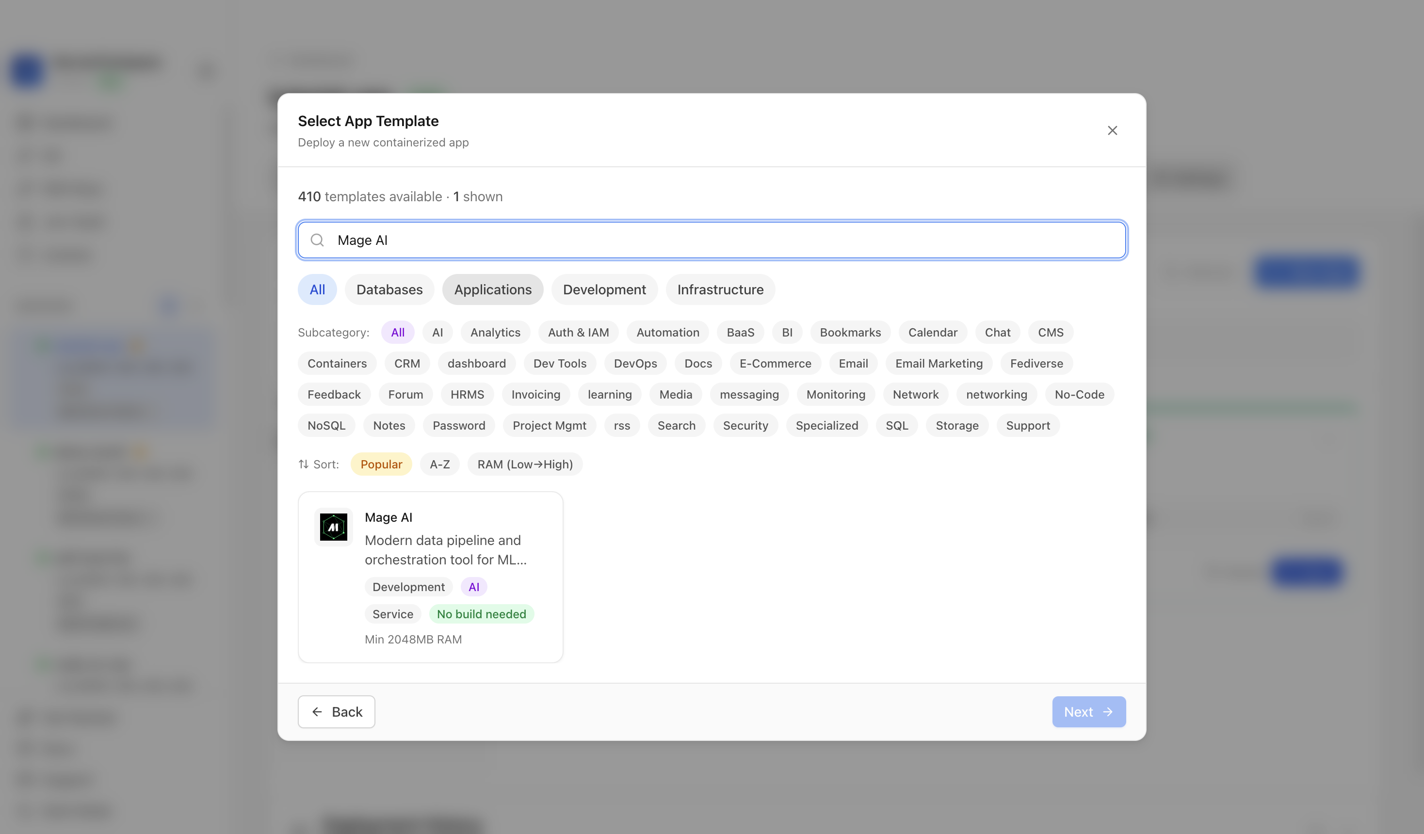 Searching for Mage AI in the Server Compass template picker