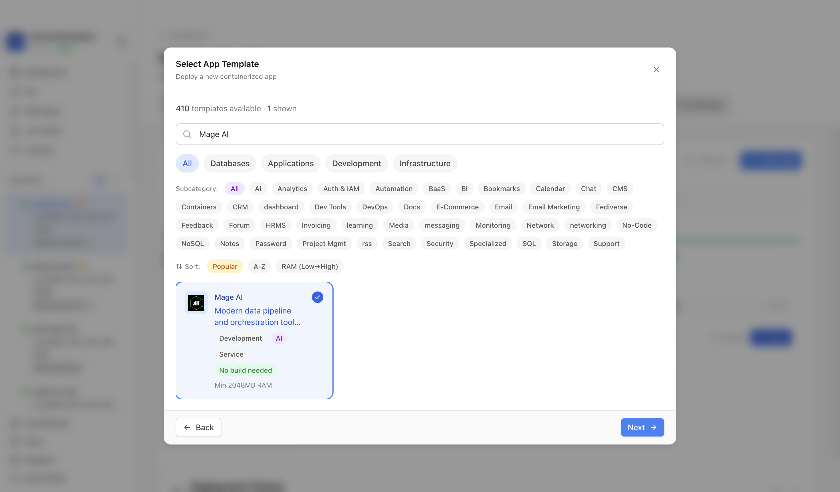 Mage AI template selected in Server Compass