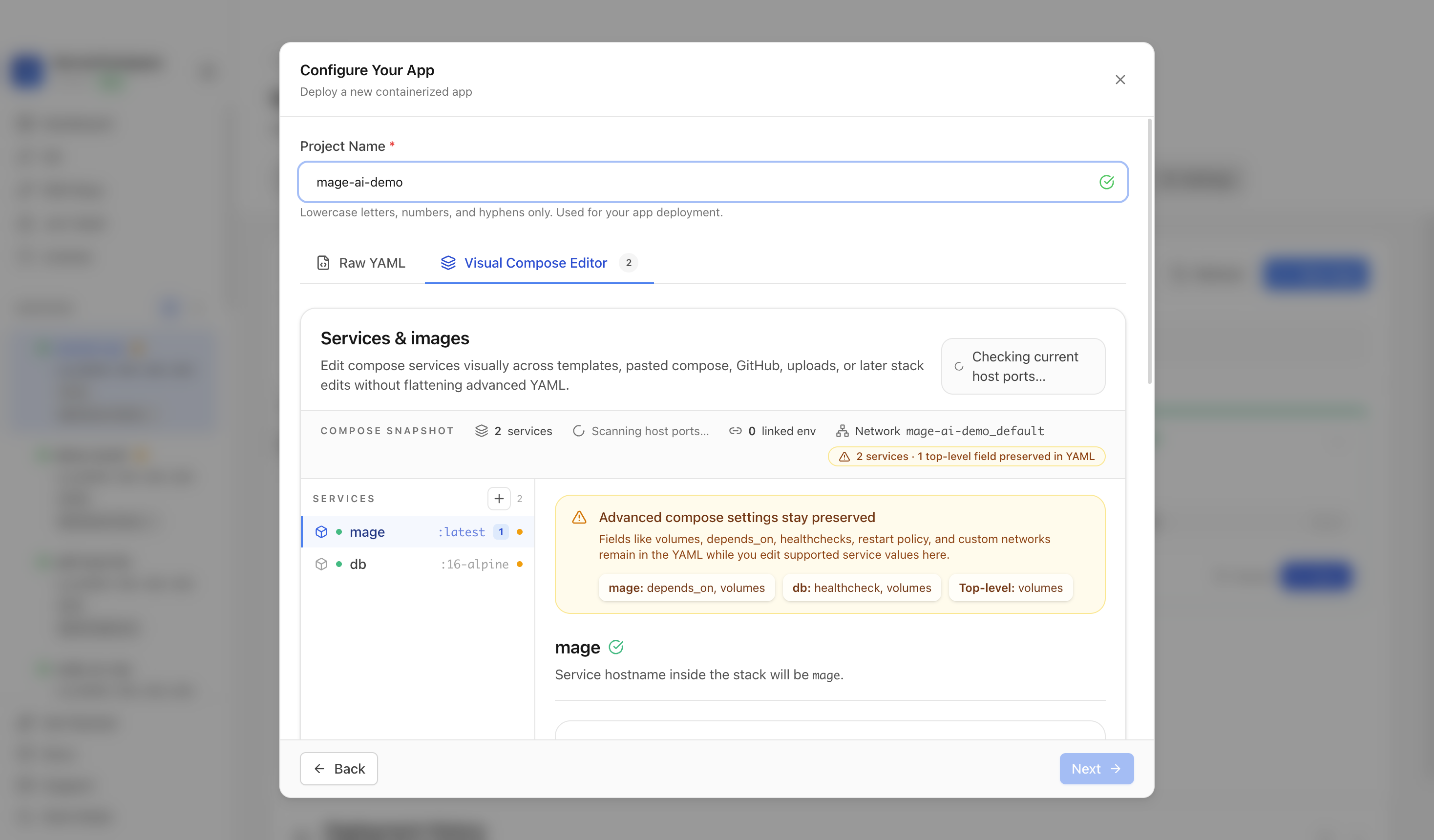 Reviewing Mage AI project settings and compose services