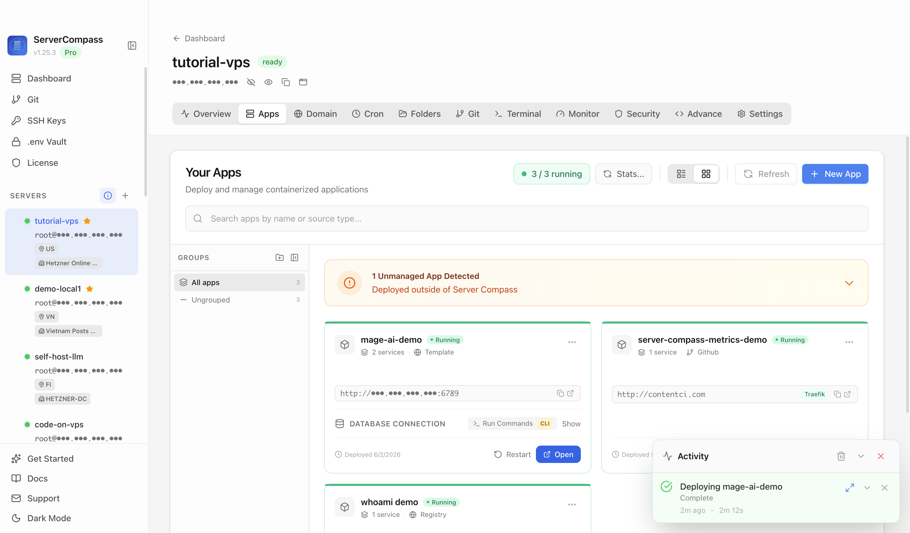Mage AI template running in the Server Compass Apps tab