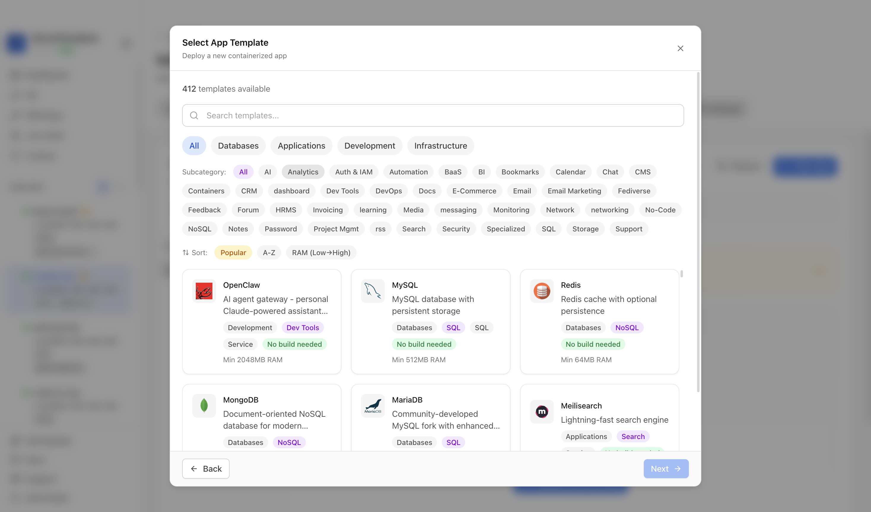 Choosing to deploy an app from a Server Compass template