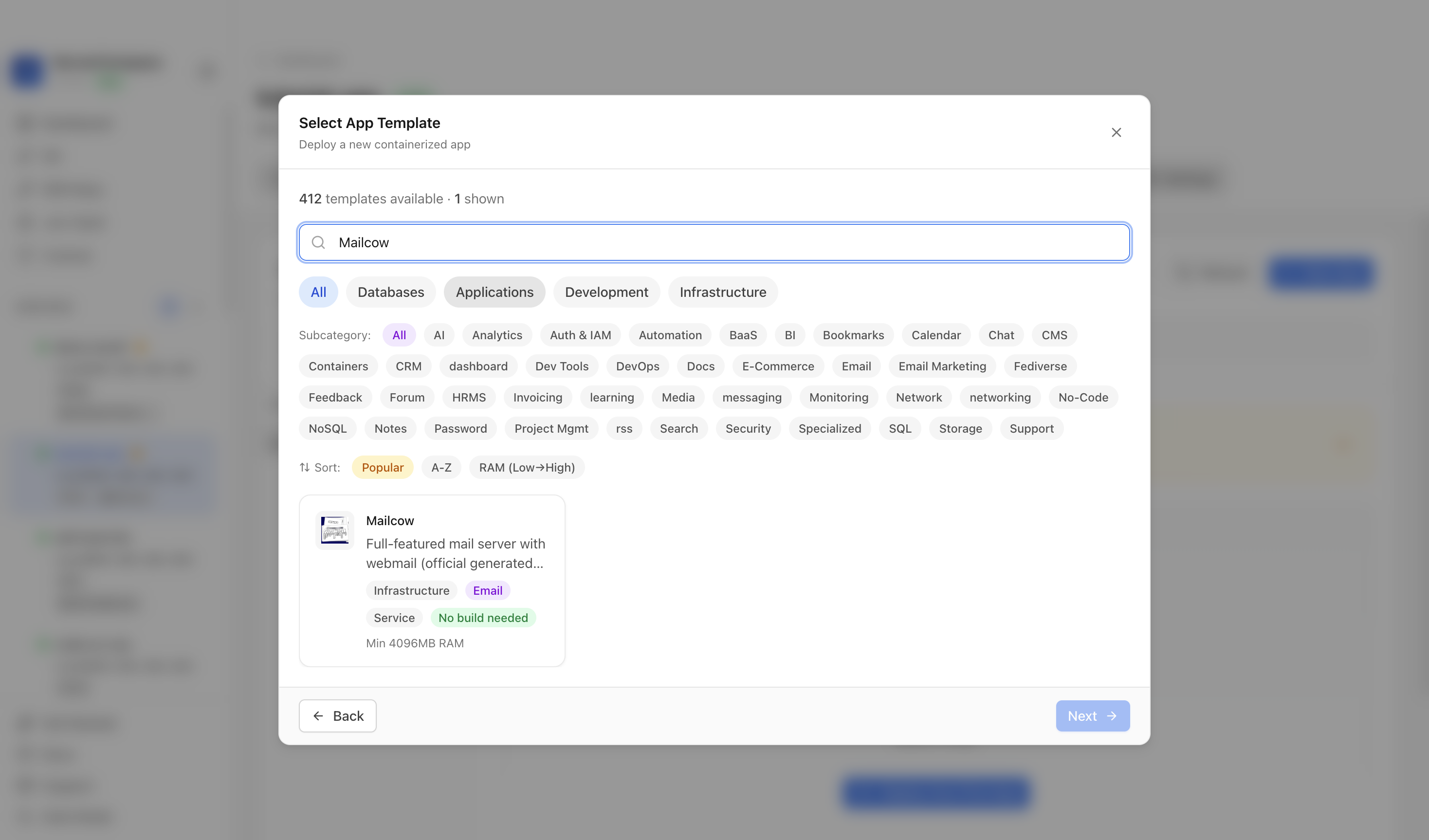 Searching for Mailcow in the Server Compass template picker