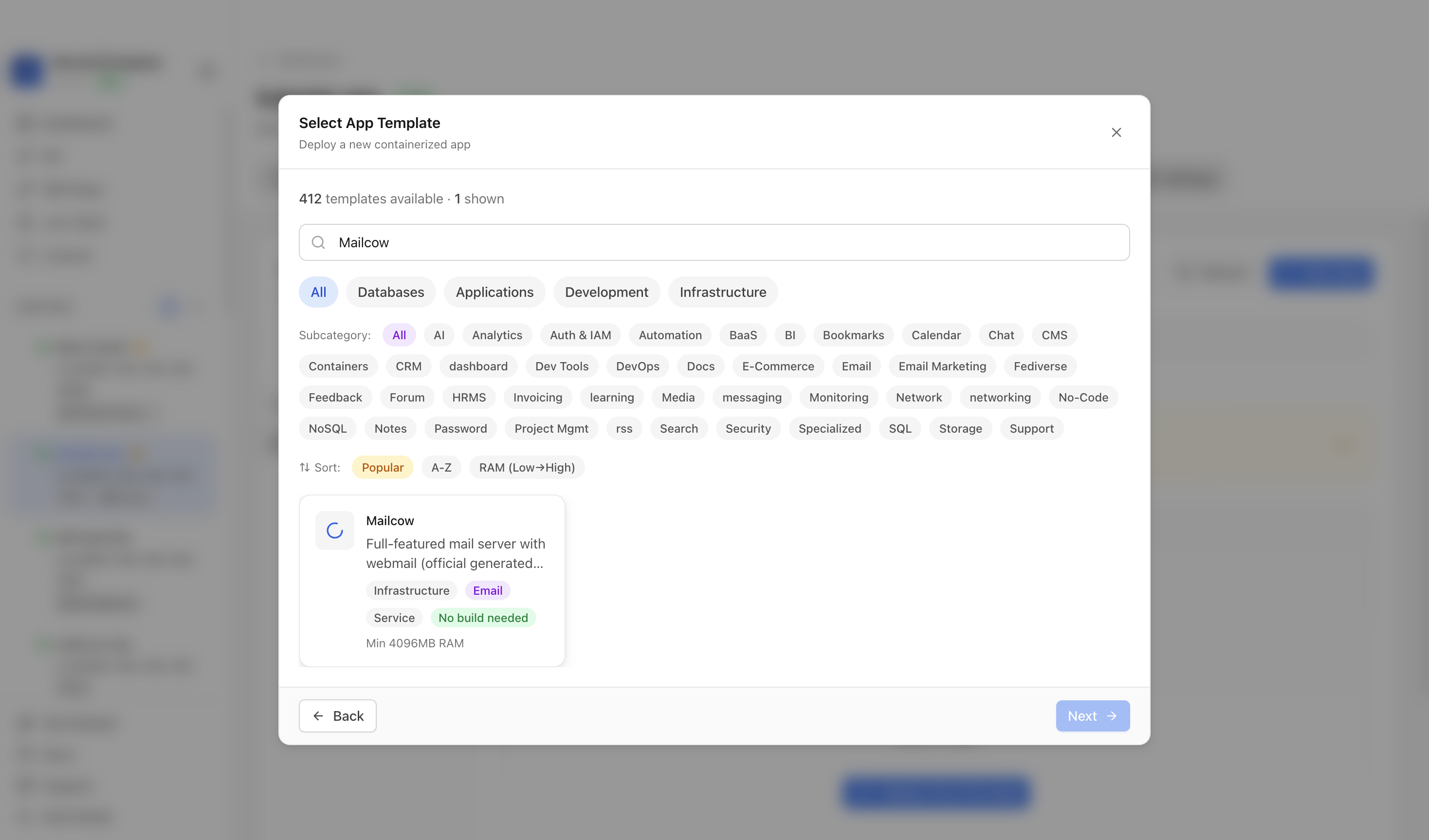 Mailcow template selected in Server Compass