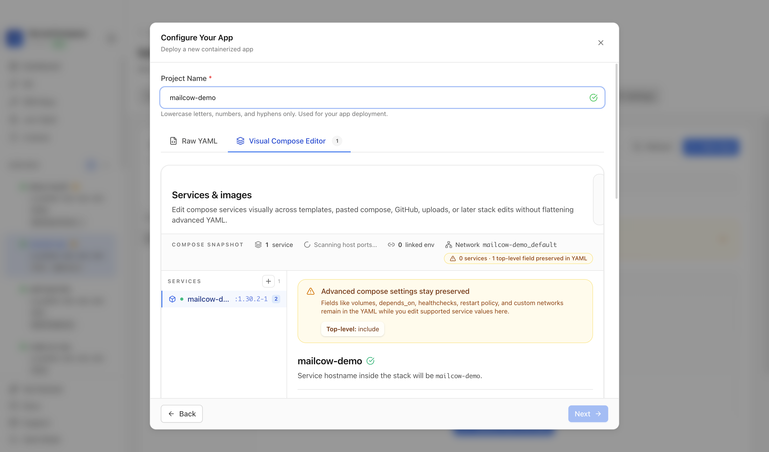 Reviewing Mailcow project settings and compose service